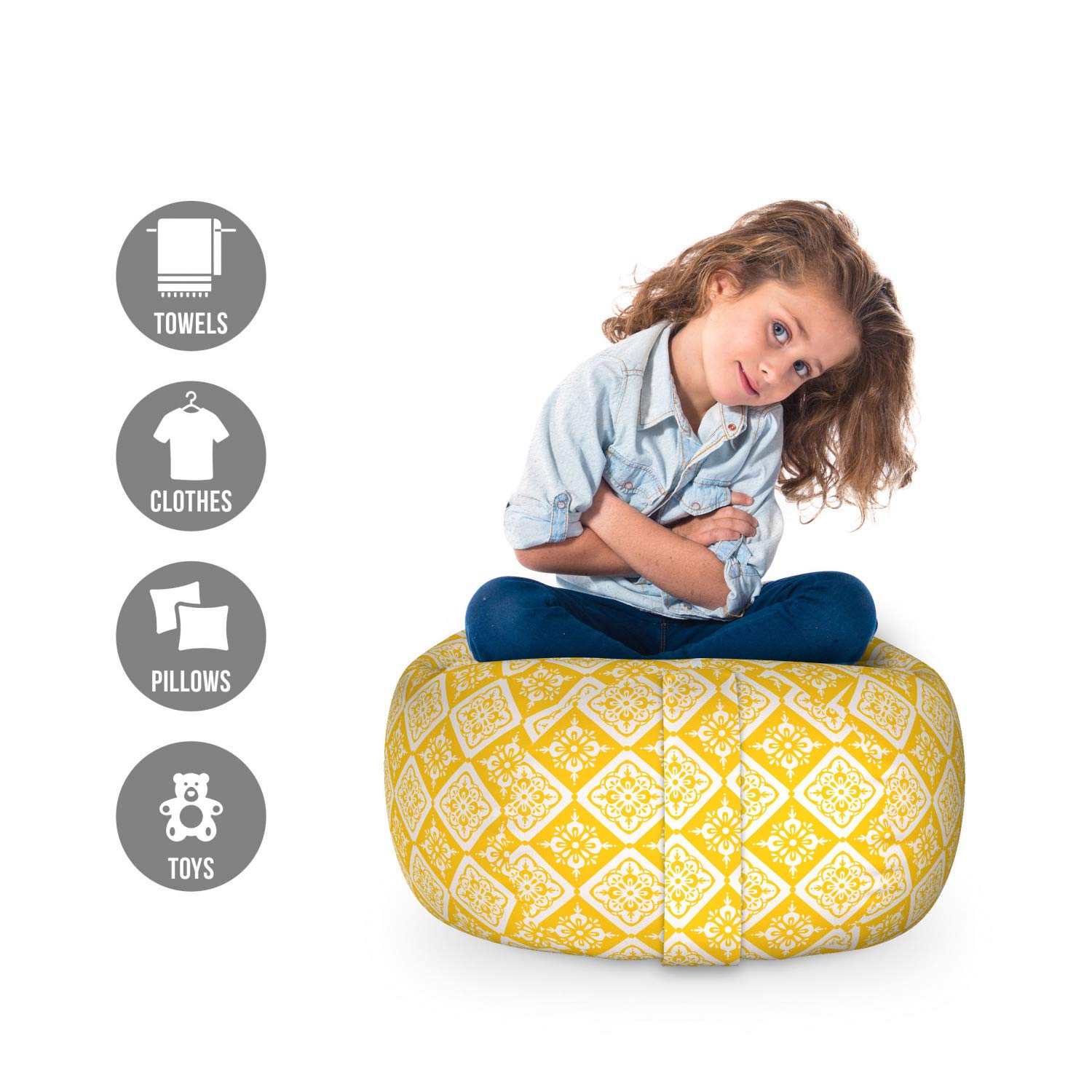 Ambesonne Ethnic Toy Storage Bag Chair - Traditional Eastern Inspired Monochrome Rhombus Design - Washable Stuffed Animal Organizer - Small Size in Earth Yellow & White - Perfect for Kids' Room, Nursery, or Playroom Organization
