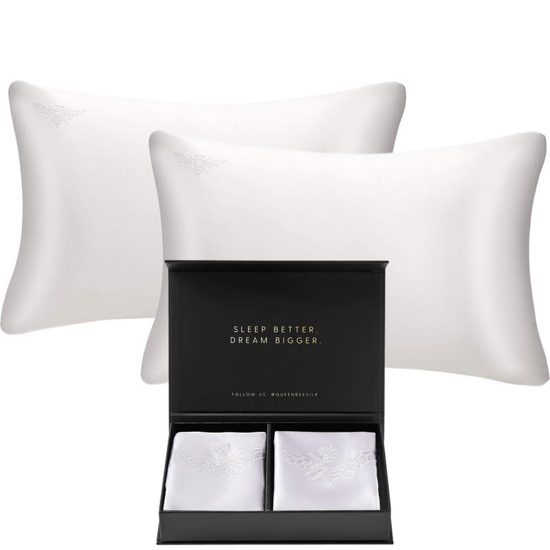 QUEEN BEE SILK - 2 Pack 22 Momme Mulberry Silk Pillowcase for Hair & Skin Care - Charmeuse Weave with Envelope Closure - Standard Size White - Perfect for Beauty Sleep & Travel
