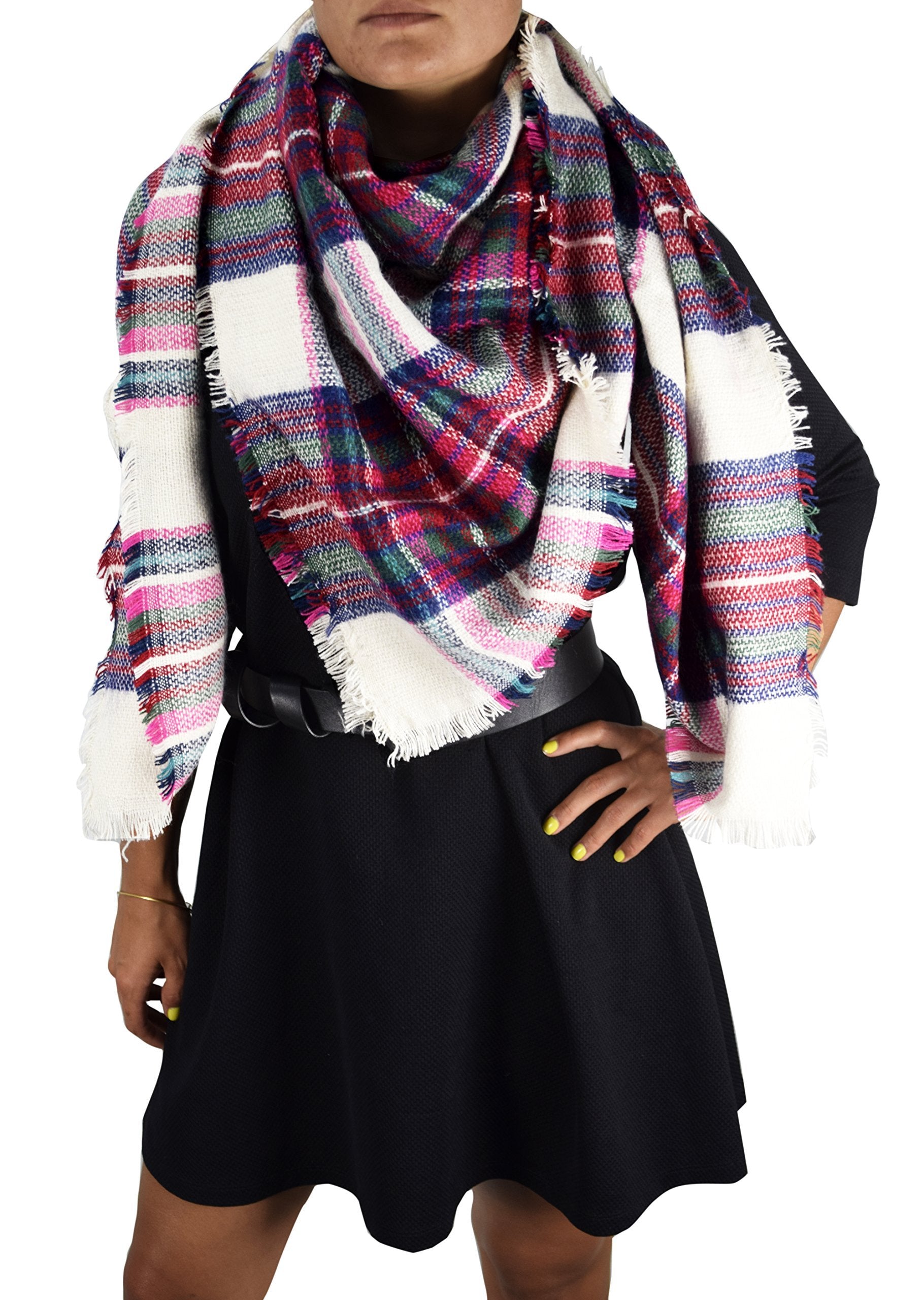 Cozy Tartan Plaid Woven Oversized Scarf Blanket Shawl Wrap - Fuchsia & White Checkered Pattern | Perfect for Winter Fashion, Outdoor Activities & Home Decor