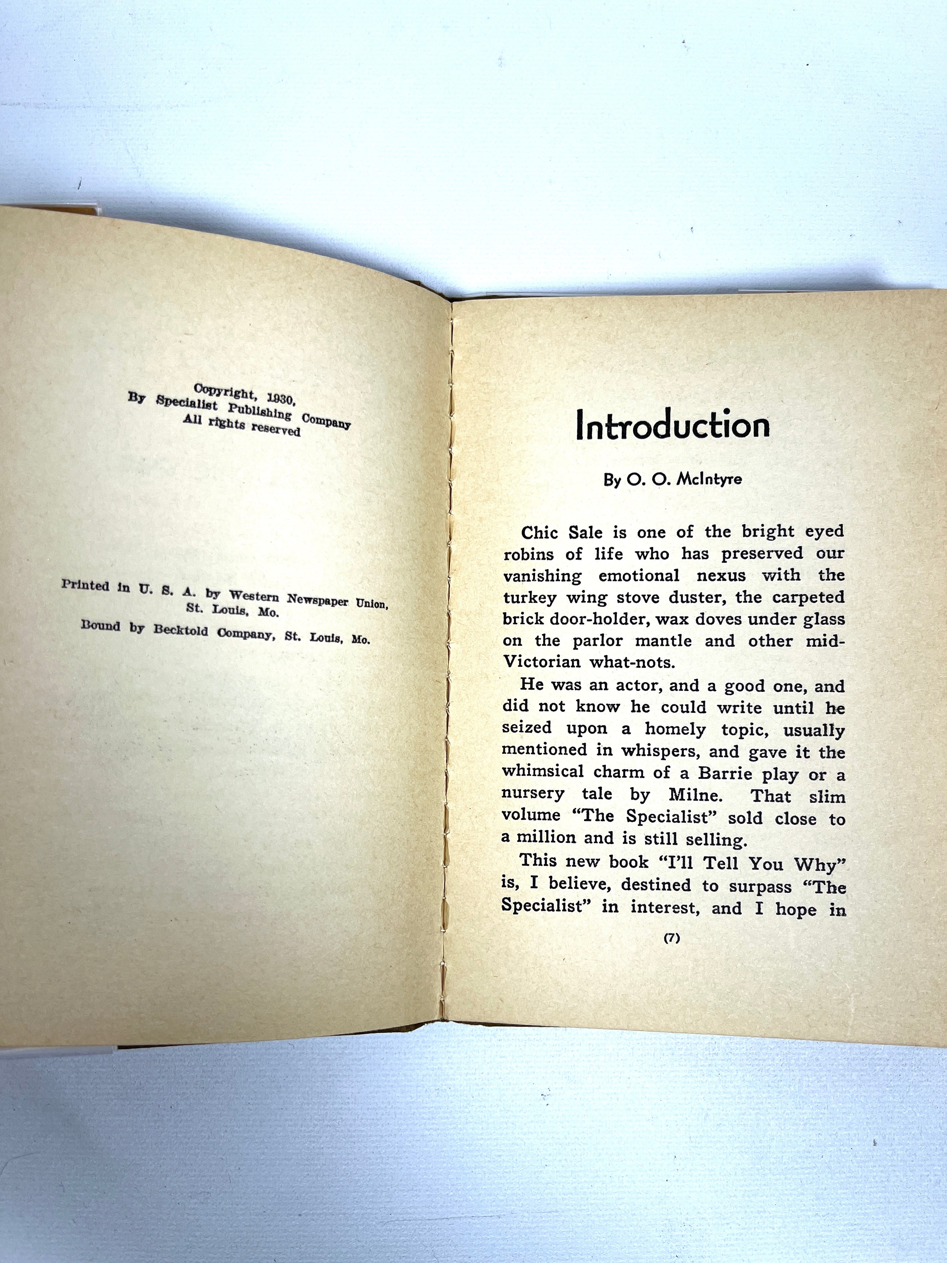 Chas (Chic) Sale's 'I'll Tell You Why' - 1930 Hardcover with Dust Jacket - Vintage Collectible Book - Perfect for Book Collectors & Literary Enthusiasts
