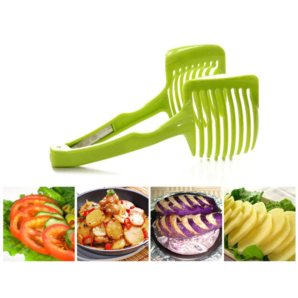2-Piece Multi-Function Tomato Lemon Potato Slicer - Handheld Round Fruit & Vegetable Cutter for Kitchen - 7.3 x 3.1 Inches with Special Hook (Green) - Perfect for Salad Prep, Garnishing & Meal Prepping