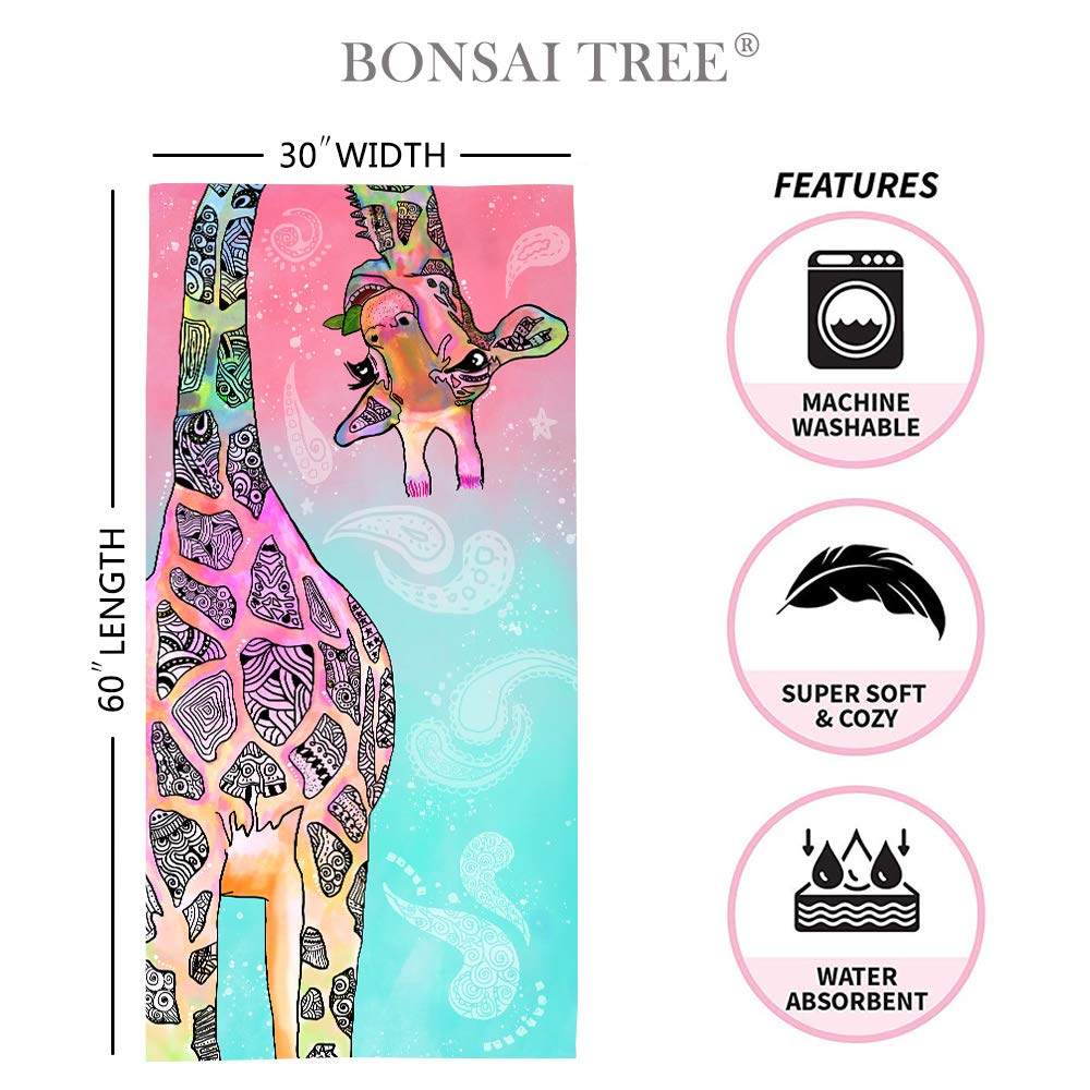 Funny Giraffe Bonsai Beach Towel - Soft Microfiber Quick Dry Sand Free Bath Towel (30x60 inches) for Yoga, Travel & Pool - Cute Mandala Pattern Gift for Women & Kids | Perfect for Beach, Gym & Outdoor Activities