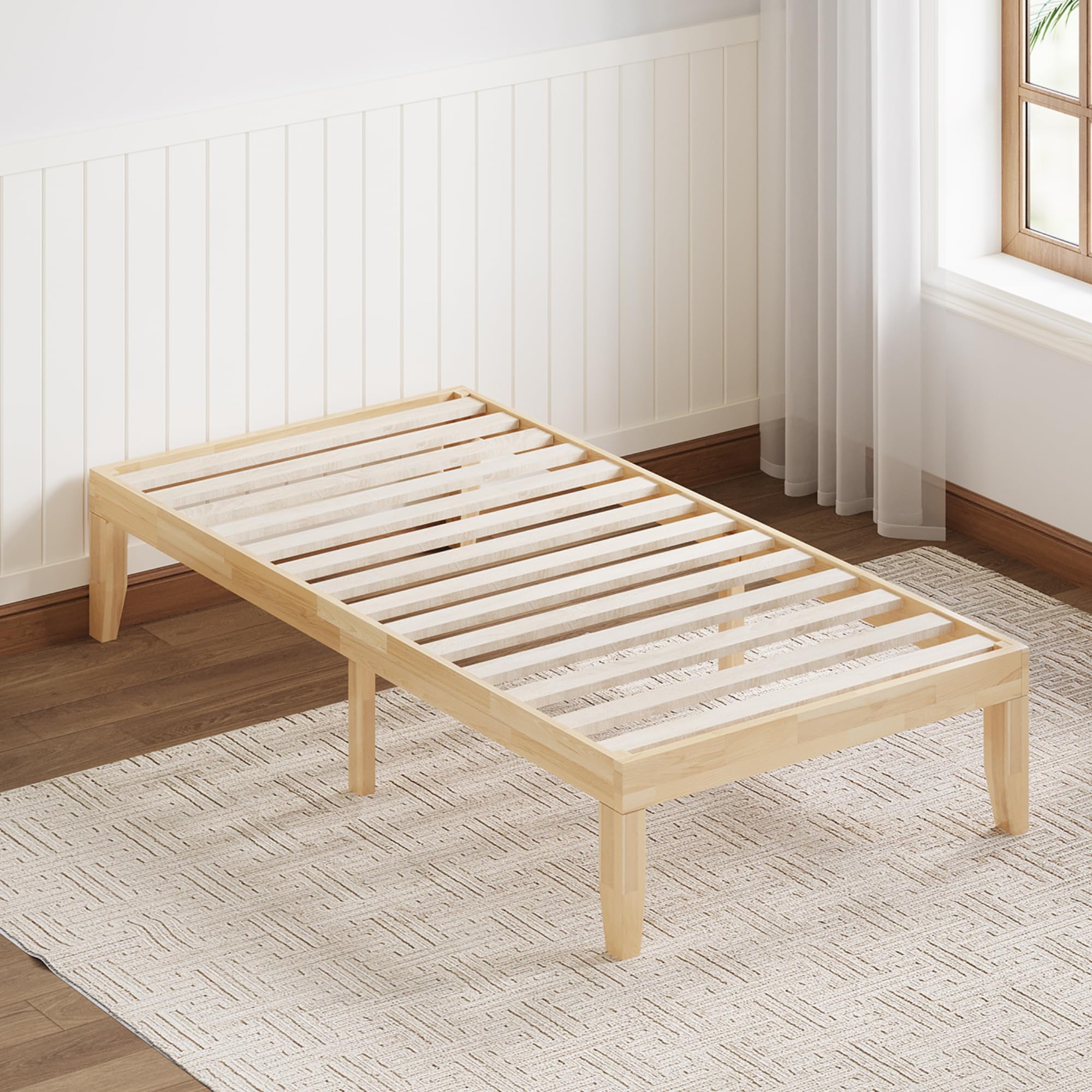 KOMFOTT 14 Inch Solid Wood Platform Bed Frame - Twin Size Mattress Foundation with Sturdy Rubber Wood Frame & Poplar Wood Slats - No Box Spring Needed - Natural Finish - Perfect for Kids Rooms, Guest Bedrooms & Small Spaces