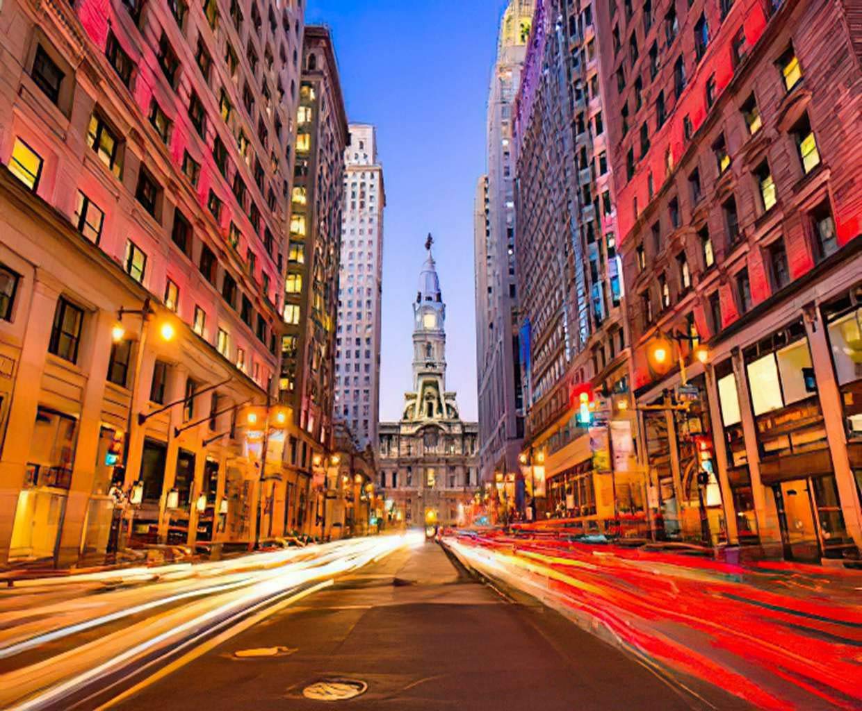 5D Diamond Painting Kit - Philadelphia Pennsylvania USA Downtown City Hall Evening Rush Hour Scene - 16