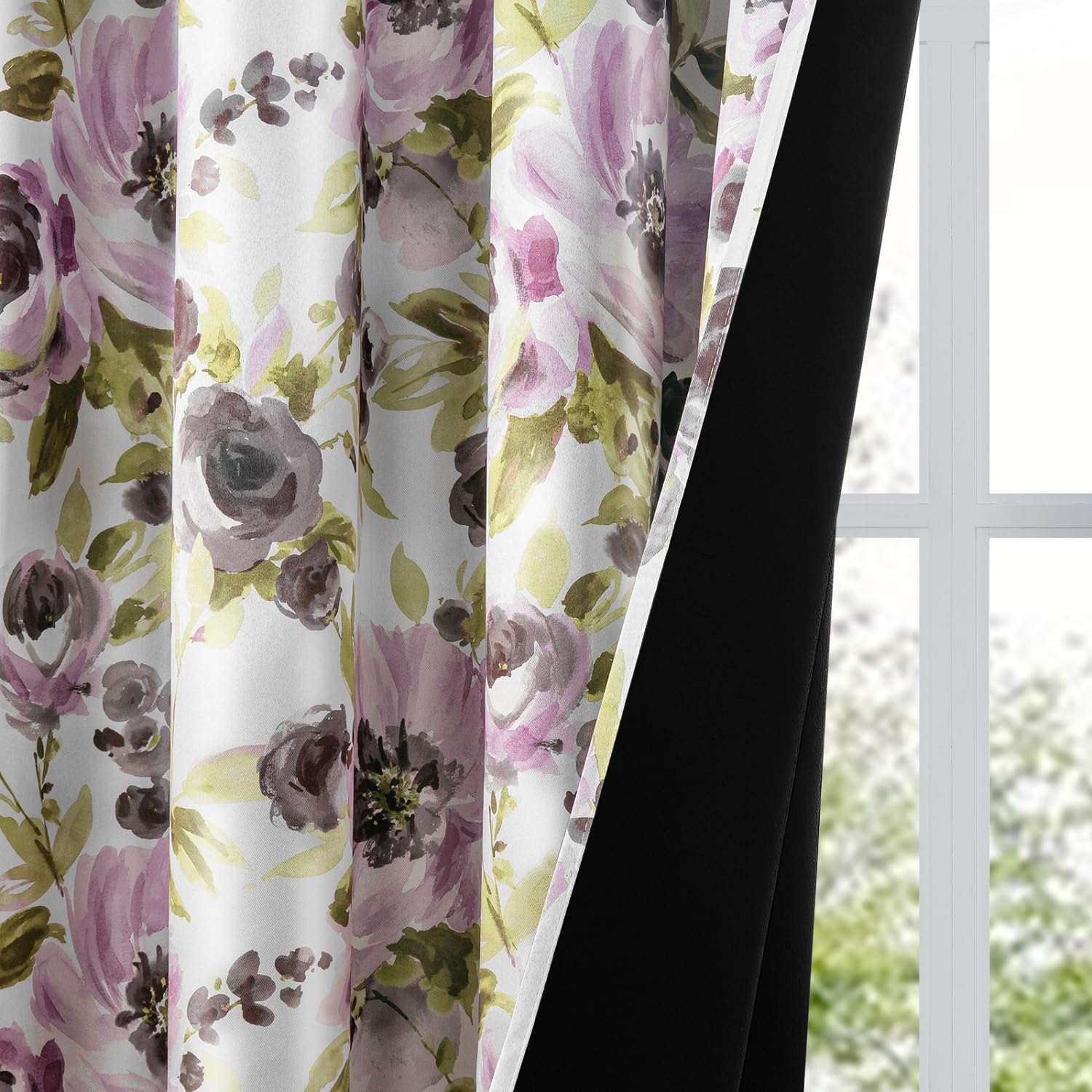Blackout Curtains 84 Inch Length 2 Panels Set - 100% Floral Thermal Insulated Room Darkening Curtains for Bedroom & Living Room, Rose Flower Pattern in Grey & Purple | Perfect for Light Blocking, Privacy & Energy Efficiency