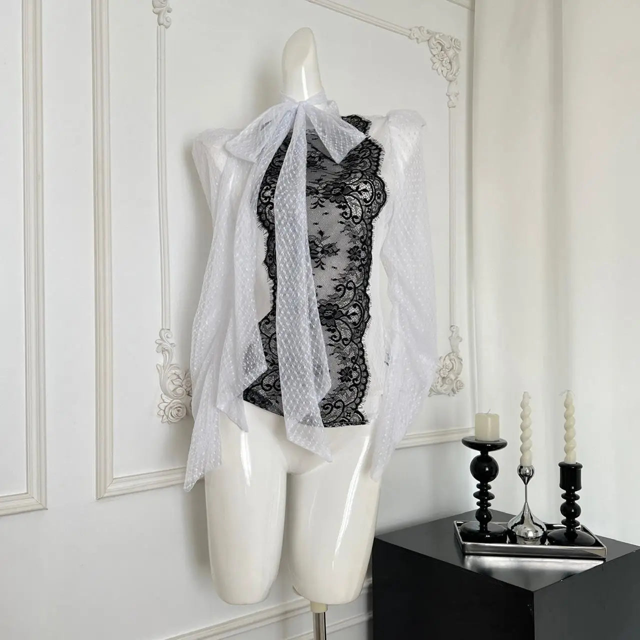 Vintage French Black & White Polka Dot Patchwork Lace-Up Blouse with Bow Detail - Long Sleeve Zipper Top for Women | Autumn Fashion, Retro Style, Office Wear & Date Night Outfits