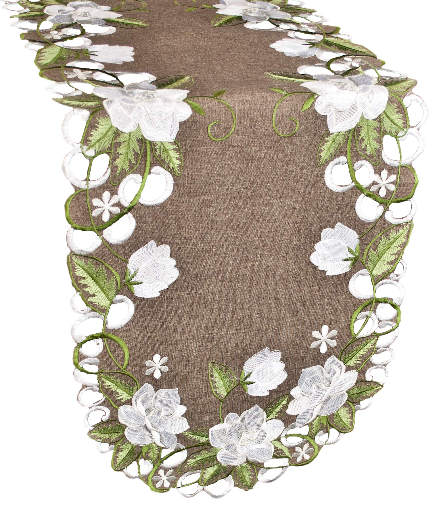 Elegant White Magnolia Floral & Green Leaves Embroidered Cutwork Table Runner - 14x51.5 Inch Brown Polyester Linen Dresser Scarf for Dining Table, Buffet, and Home Decor