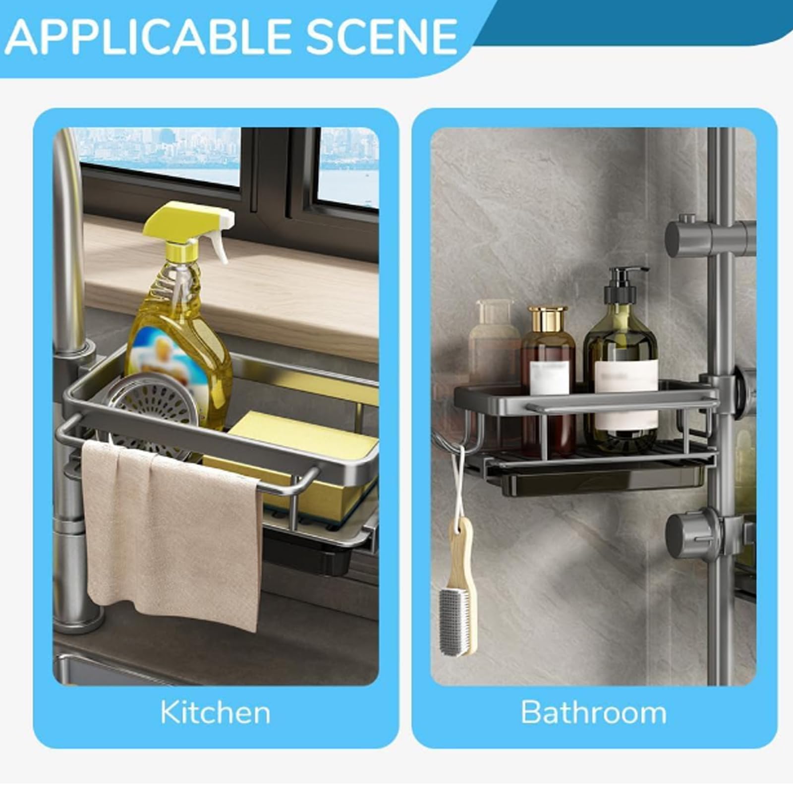 Kitchen Sink Faucet Organizer with Drip Tray - Multifunctional Detachable Sponge Holder & Sink Caddy for Hanging Storage (Grey, Left) | Perfect for Small Kitchen Organization & Dishwashing Accessories