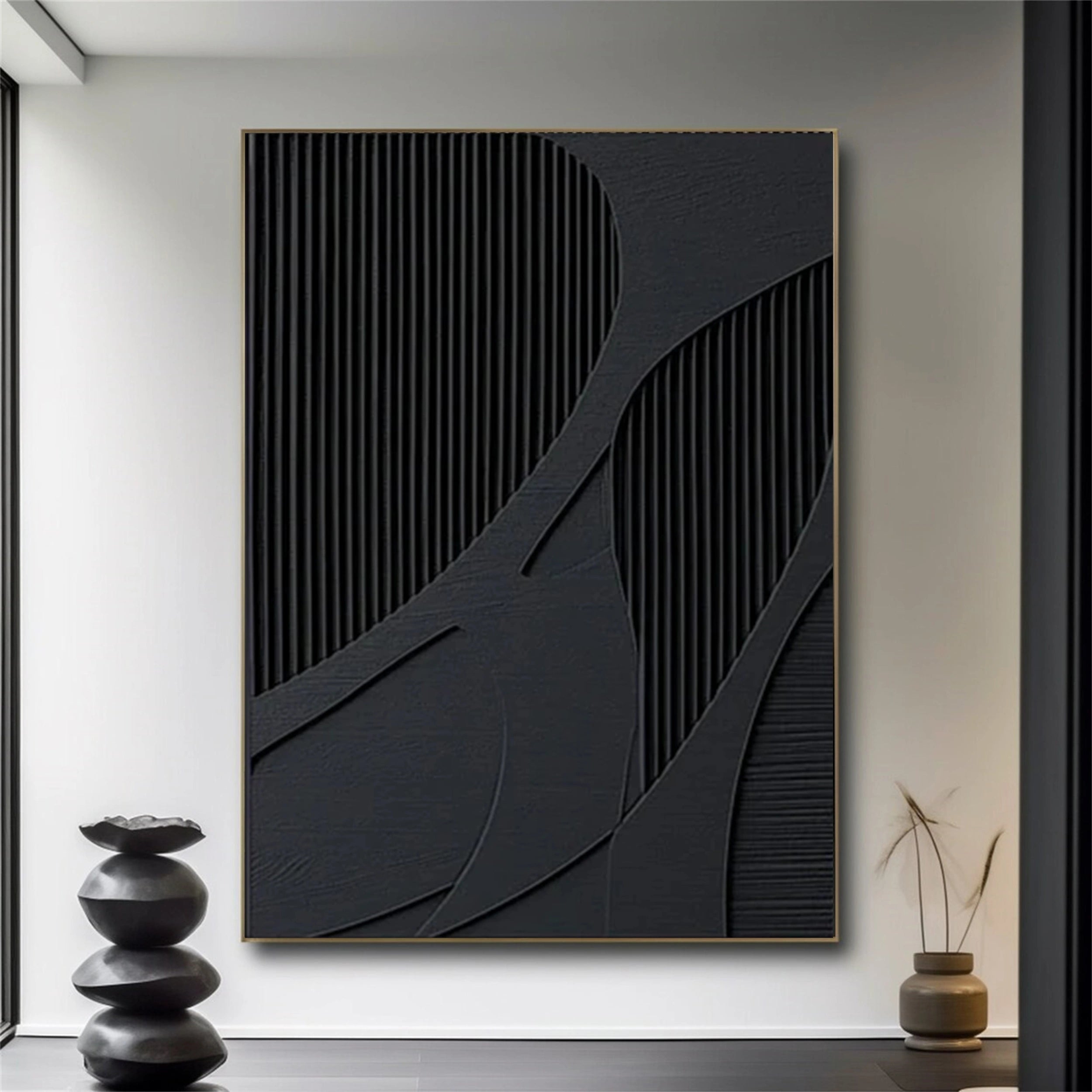 Black Plaster Art Minimalist Textured Painting - Modern Abstract Wall Decor for Living Room, Bedroom & Office | #MZ034