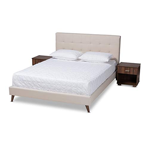 BOWERY HILL Full Size Beige Platform Bed Frame with 2 Nightstands - Modern Bedroom Furniture Set for Small Spaces & Guest Rooms