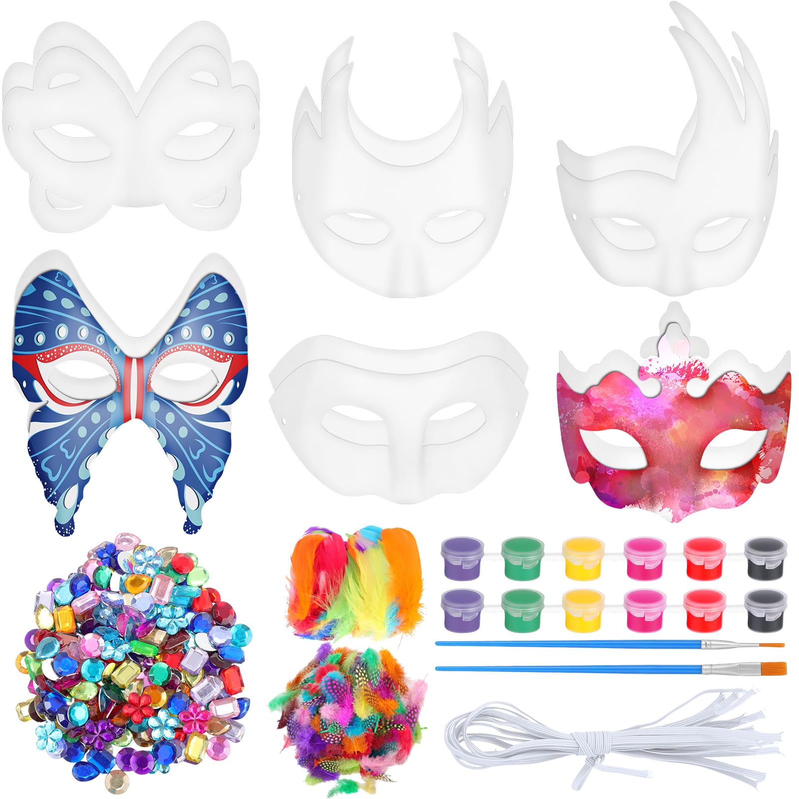 DIY Mardi Gras Mask Decorating Kit - Blank Paper Masks with Paint, Feathers, Acrylic Gems for Costume Party & Carnival Celebrations
