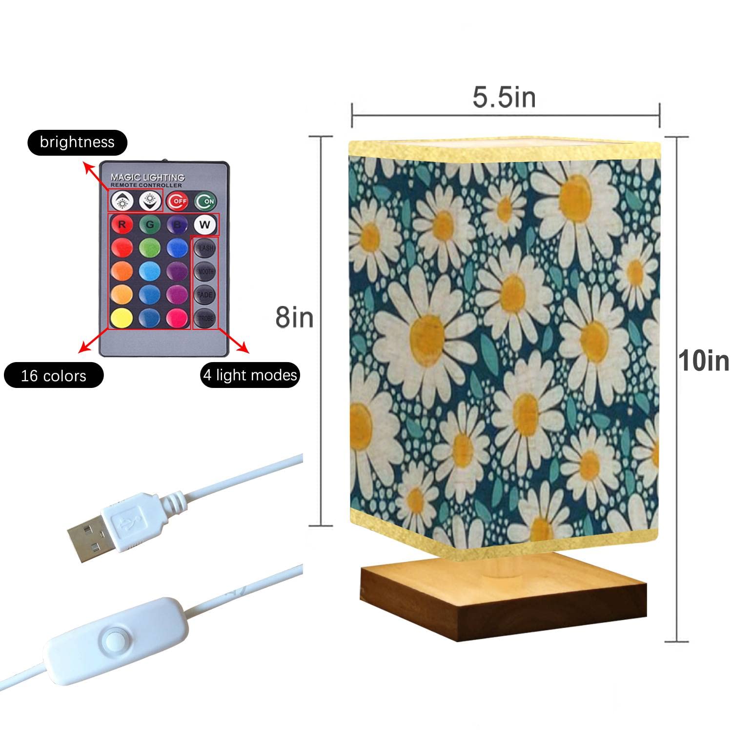 Handmade Wooden Base Flaxen Fabric Shade Table Lamp with Chamomile Floral Print - Dimmable Nightstand Lamp for Bedroom, Living Room & Office - Perfect for Reading, Relaxing and Home Decor
