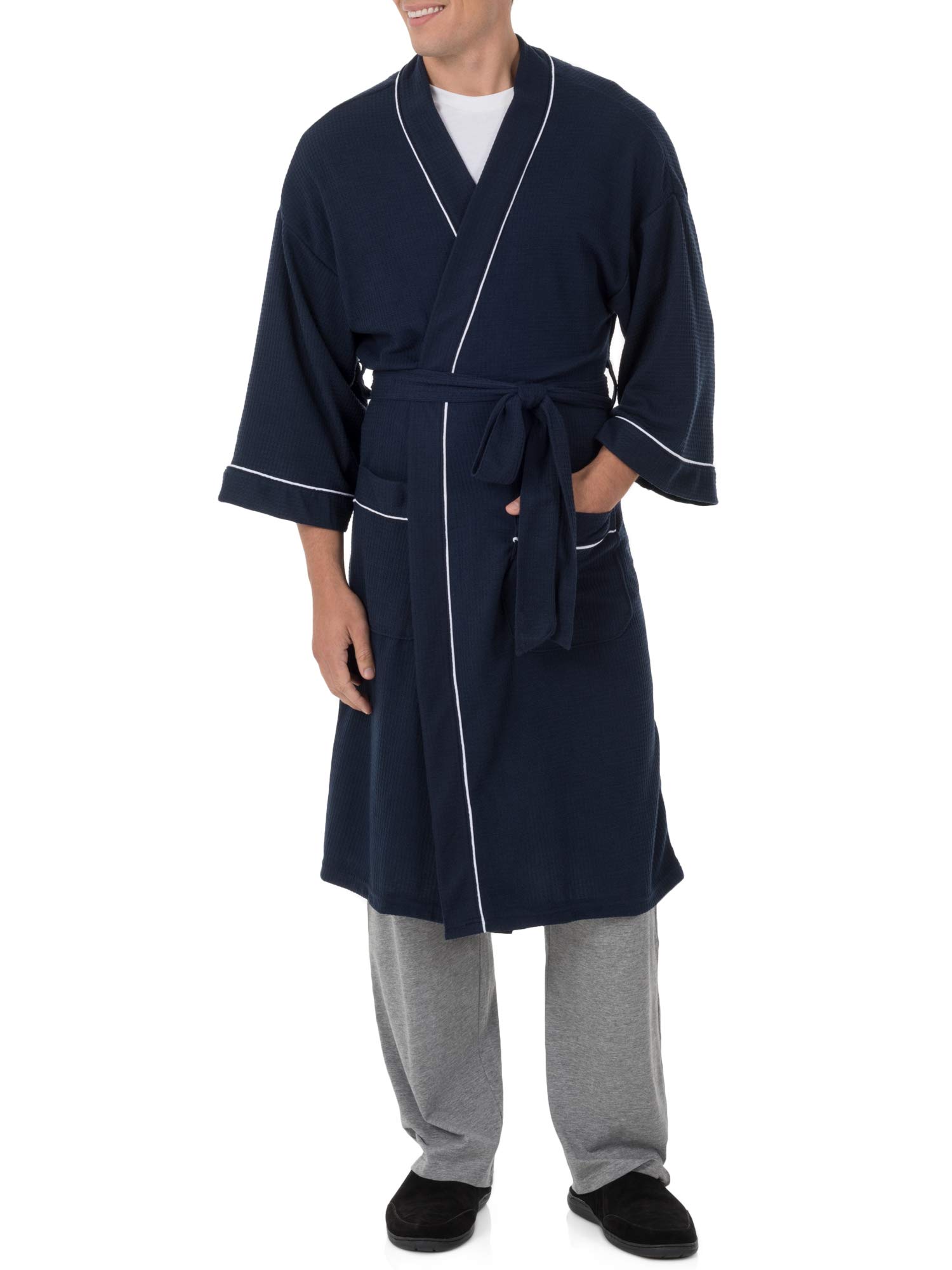 Fruit of the Loom Men's Waffle Kimono Robe - Soft Cotton Bathrobe for Spa, Lounge & Relaxation at Home