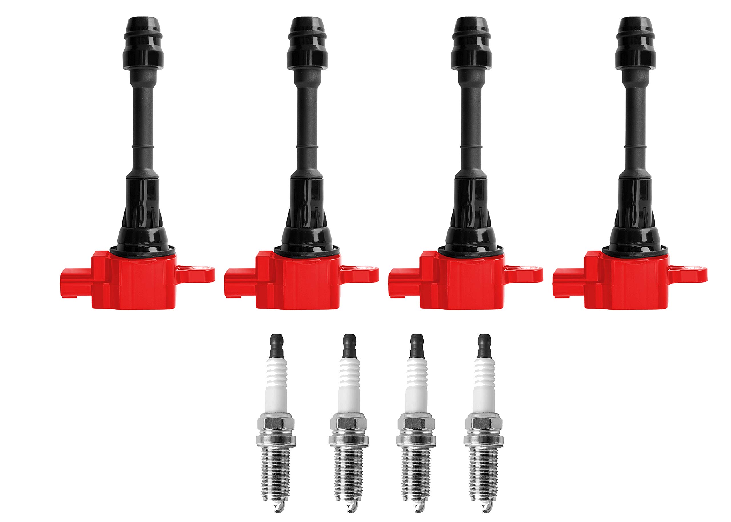ENA Set of 4 Red Ignition Coil Pack & 4 Platinum Spark Plugs - Compatible with Nissan Sentra Altima 2.5L L4 (2002-2006) - Replacement for UF350 224488H315 C1398 4505 - High Performance Engine Upgrade for Smoother Acceleration & Better Fuel Efficiency