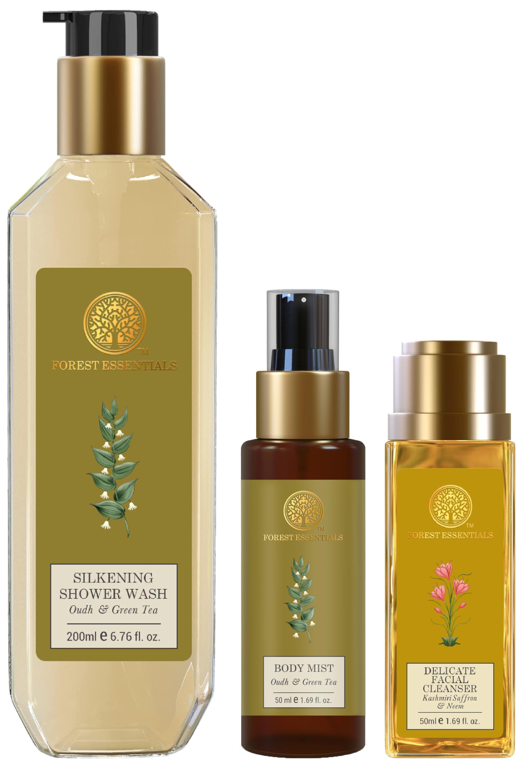 1. **Forest Essentials Silkening Shower Wash with Oudh & Saffron – Luxurious Body Cleanser for Dry Skin – Perfect for Spa & Daily Bath Routine**   2. **Forest Essentials Delicate Facial Cleanser with Kashmiri Saffron – Gentle Foaming Face Wash for Glowing Skin – Ideal for Morning & Night Skincare**   3. **Forest Essentials Travel-Size Body Mist in Oudh & Green Tea – Refreshing Perfume Spray for On-the-Go – Great for Gym, Travel & Office Use**