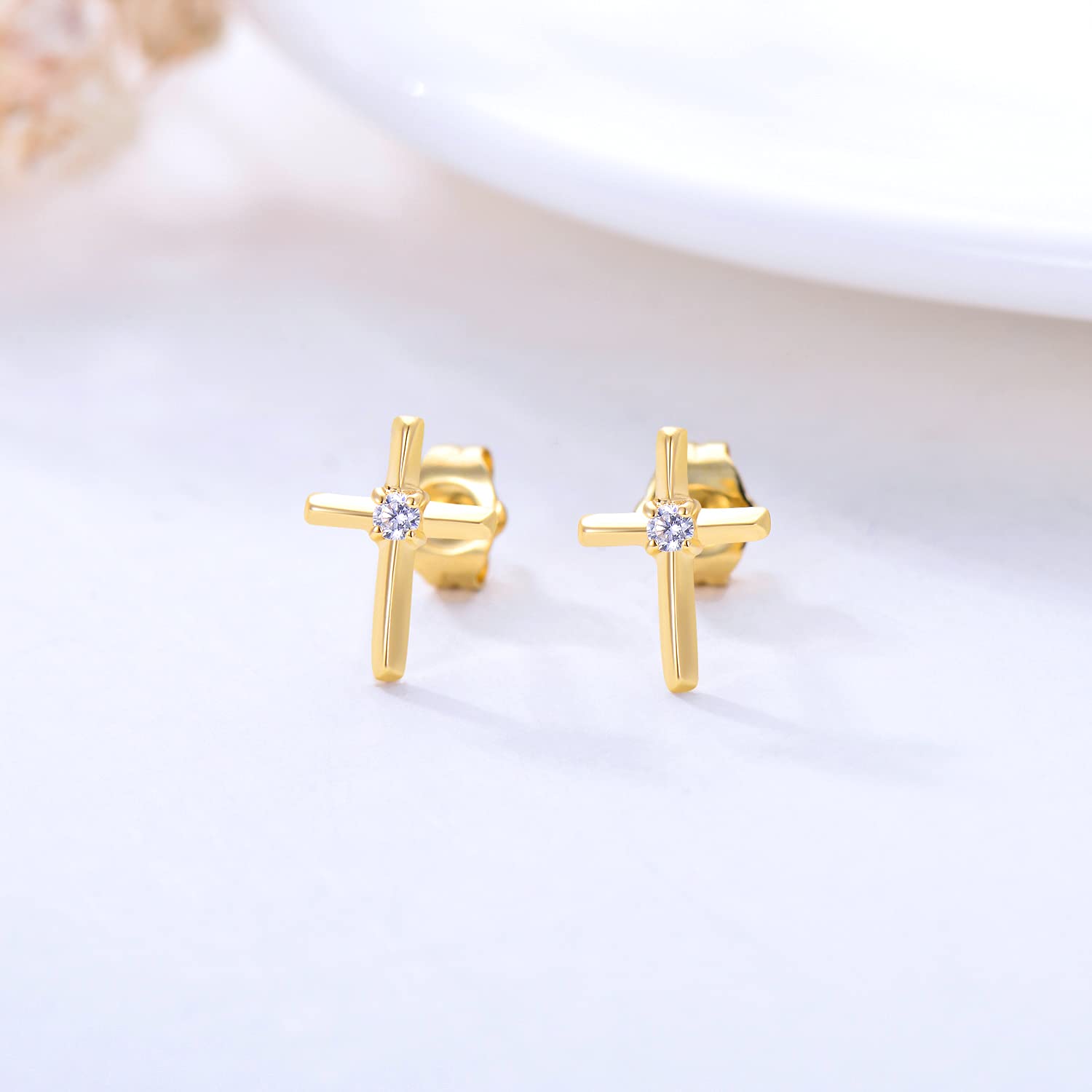 14K Gold Small Cross Stud Earrings for Women - Real 14 Carat Gold Religious Jewelry - Confirmation Gifts for Teen Girls - Perfect for Church, Weddings & Everyday Wear