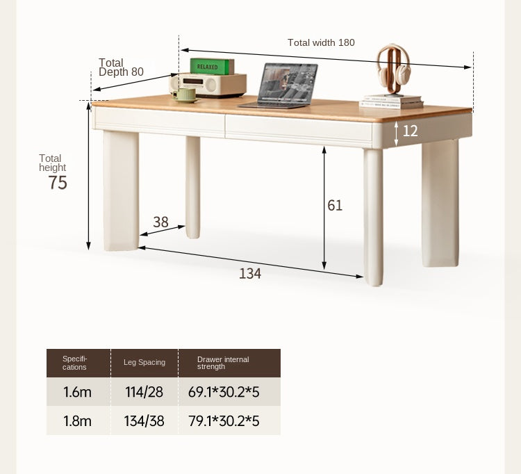 Modern Cream Oak & Poplar Solid Wood Computer Desk with Drawer - Home Office Workstation for Study, Gaming & Remote Work