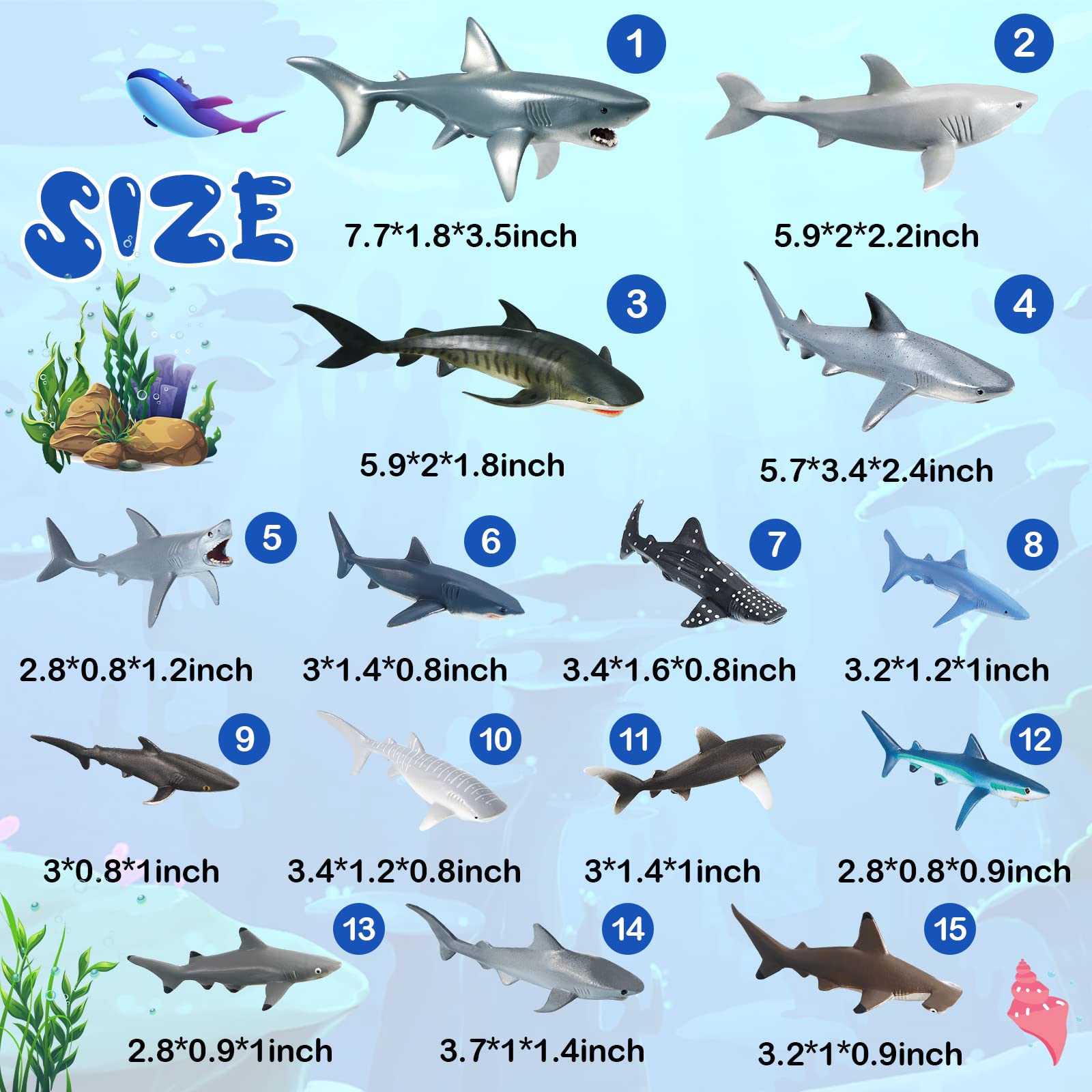 15 Pcs Realistic Shark Toys Assorted Ocean Animal Figurines - Plastic Marine Creature Bath Toys for Kids, Birthday Party Favors, Cake Toppers, and Educational Cognitive Play