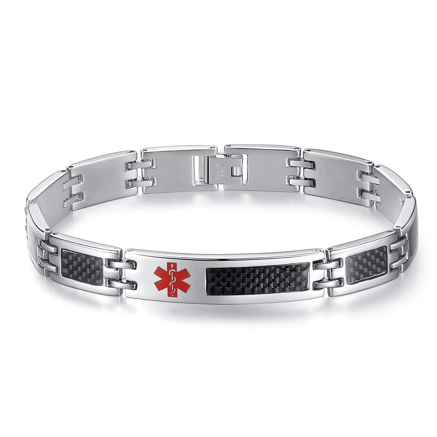 LinnaLove Black Carbon Fiber Medical Alert Bracelet for Men & Women - Stainless Steel Engraved ID Bracelet with Free Customization - Perfect for Emergency Medical Info & Everyday Wear