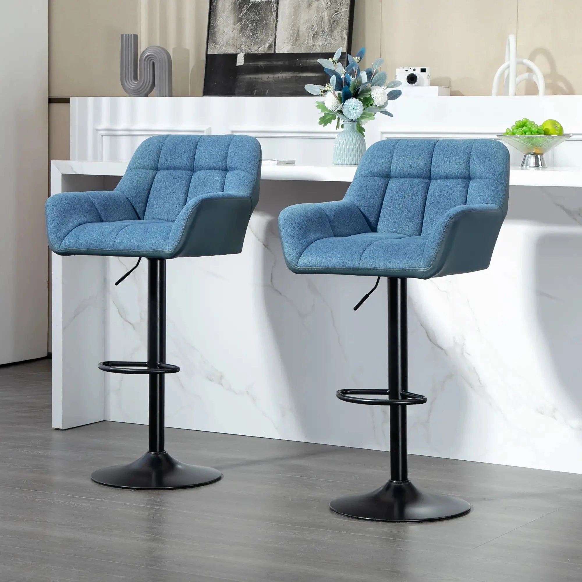 Swivel Adjustable Bar Stools (Set of 2) - Faux Leather & Linen Touch Fabric - 5 Color Options - Perfect for Kitchen Islands, Home Bars & Dining Areas
