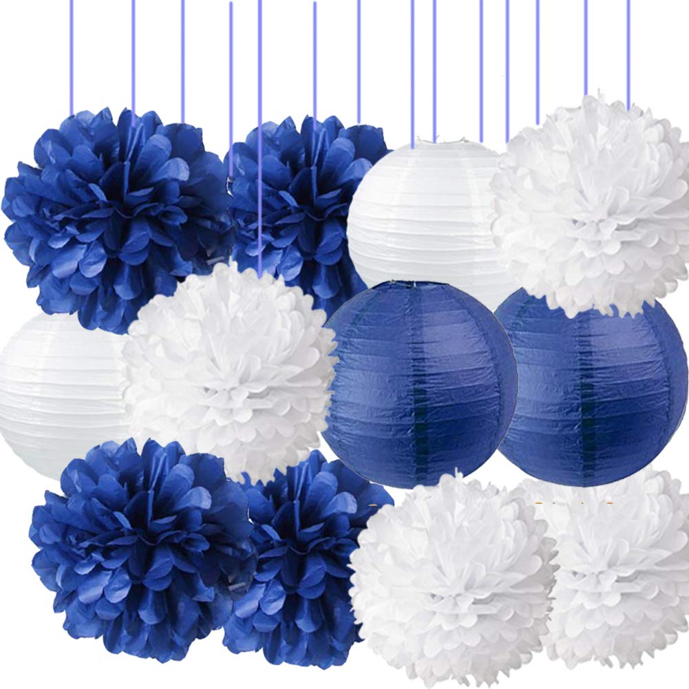 Navy Blue Tissue Paper Pom Poms & Lanterns - Nautical Party Decorations for Baby Showers, Weddings, Birthdays & Nursery Decor | Perfect for Boy Scout Banquets, Bridal Showers & Themed Party Decor