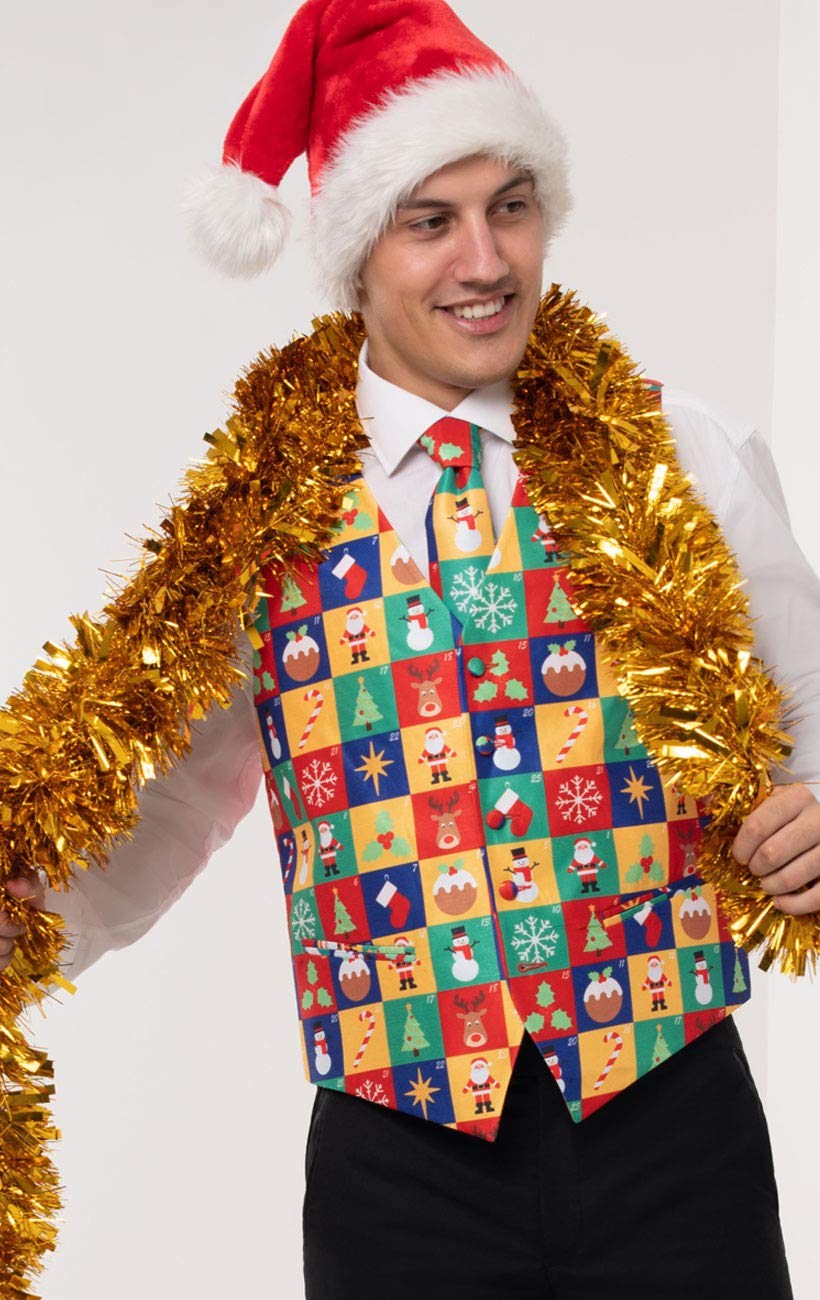 Funny Christmas Vest for Men - Colorful Advent Calendar Print Holiday Party Outfit - Perfect for Ugly Sweater Parties, Secret Santa Gifts & Festive Gatherings