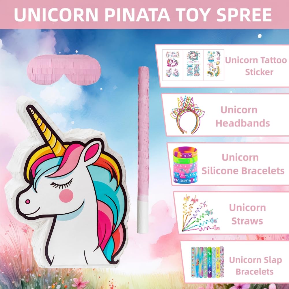Unicorn Pinata Party Supplies for Girls - Birthday Party Favors Set with Headbands, Stickers, Bracelets, Keychains & Silicone Bands | Perfect for Unicorn Themed Birthday Parties, Baby Showers & Kids' Celebrations (White)