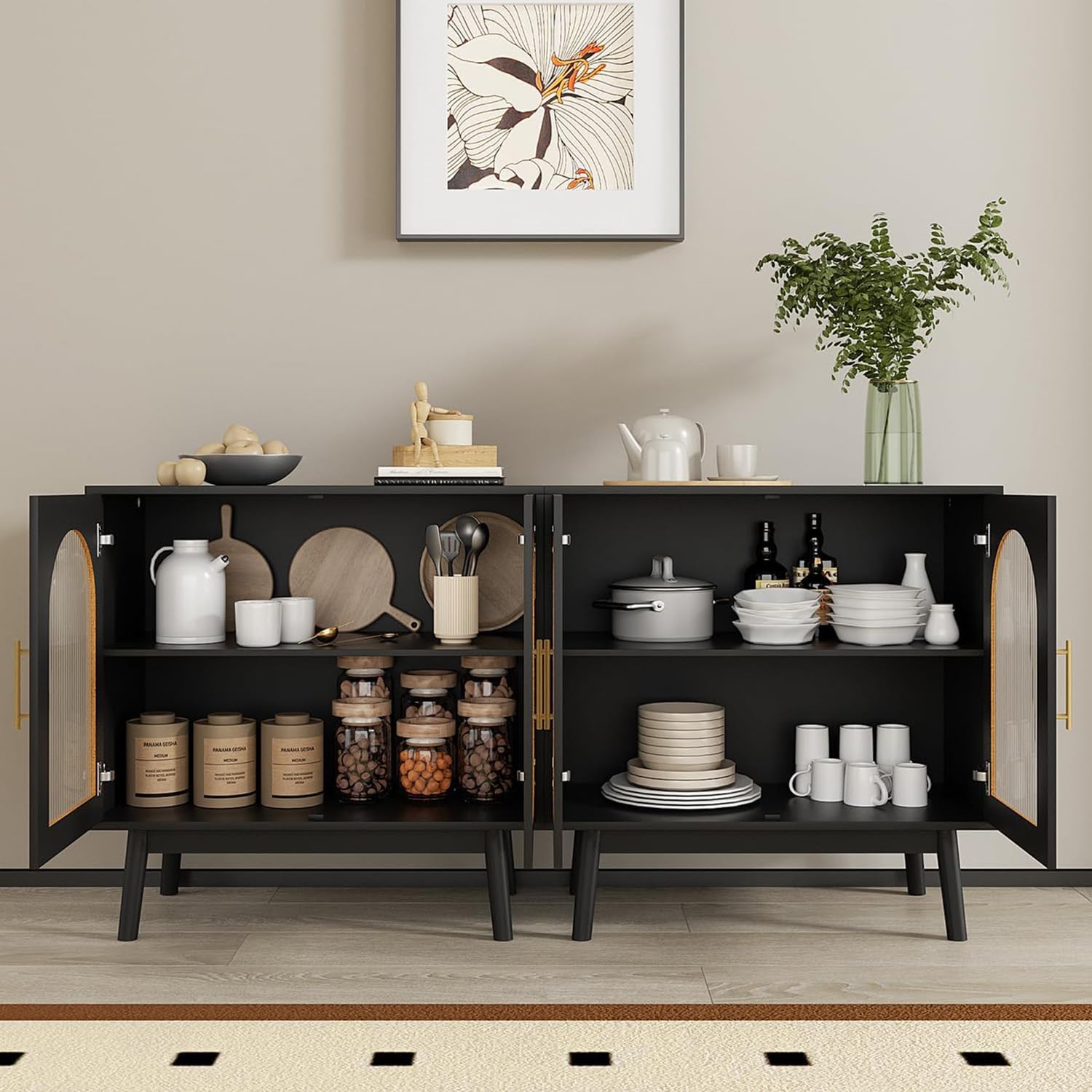 Modern Black Sideboard Buffet Cabinet with Glass Doors & Storage - Kitchen, Dining Room, Living Room Accent Furniture (Set of 2) | Perfect for Home Entryway, Hallway Organization & Stylish Display