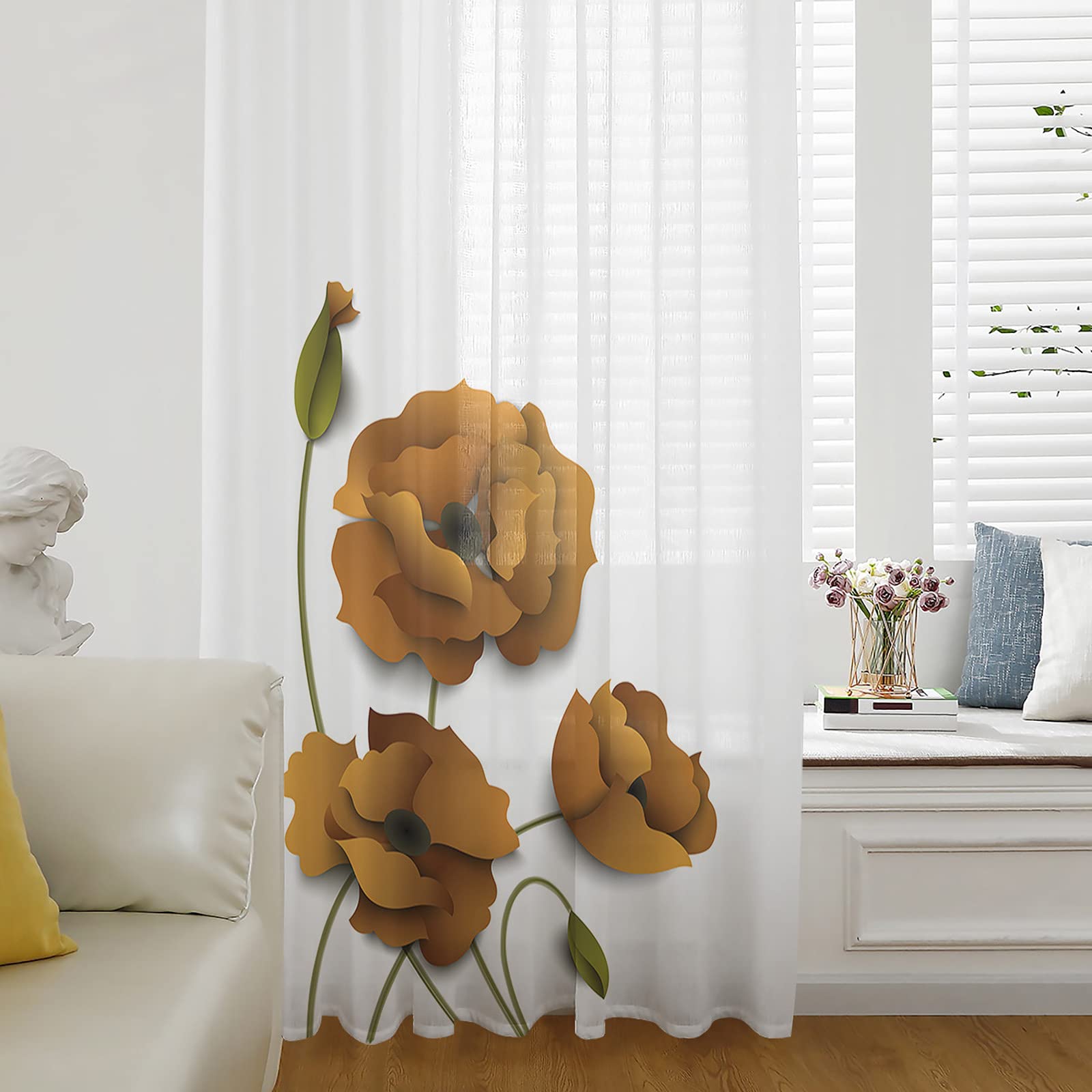 45 Inch Long Turquoise Poppies Watercolor Semi-Sheer Chiffon Window Curtains - Rod Pocket Voile Drapes for Living Room, Bedroom & Kitchen - Light Filtering Sheer Curtain Panels for Home Decor & Window Treatments