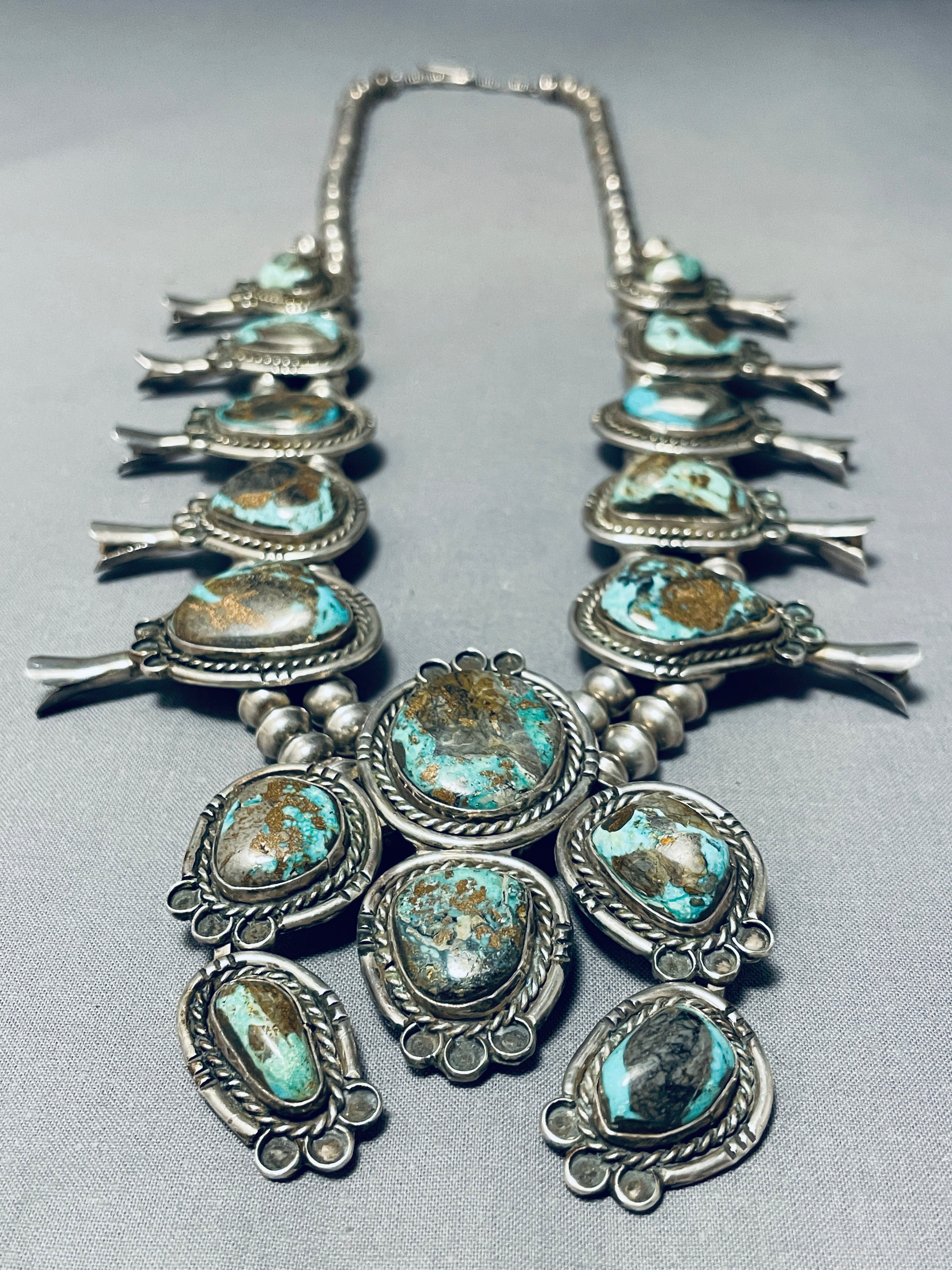 300 Gram Vintage Navajo Turquoise Sterling Silver Squash Blossom Necklace - Authentic Native American Jewelry for Women, Handcrafted Southwest Style Statement Piece - Perfect for Boho Fashion, Weddings & Special Occasions