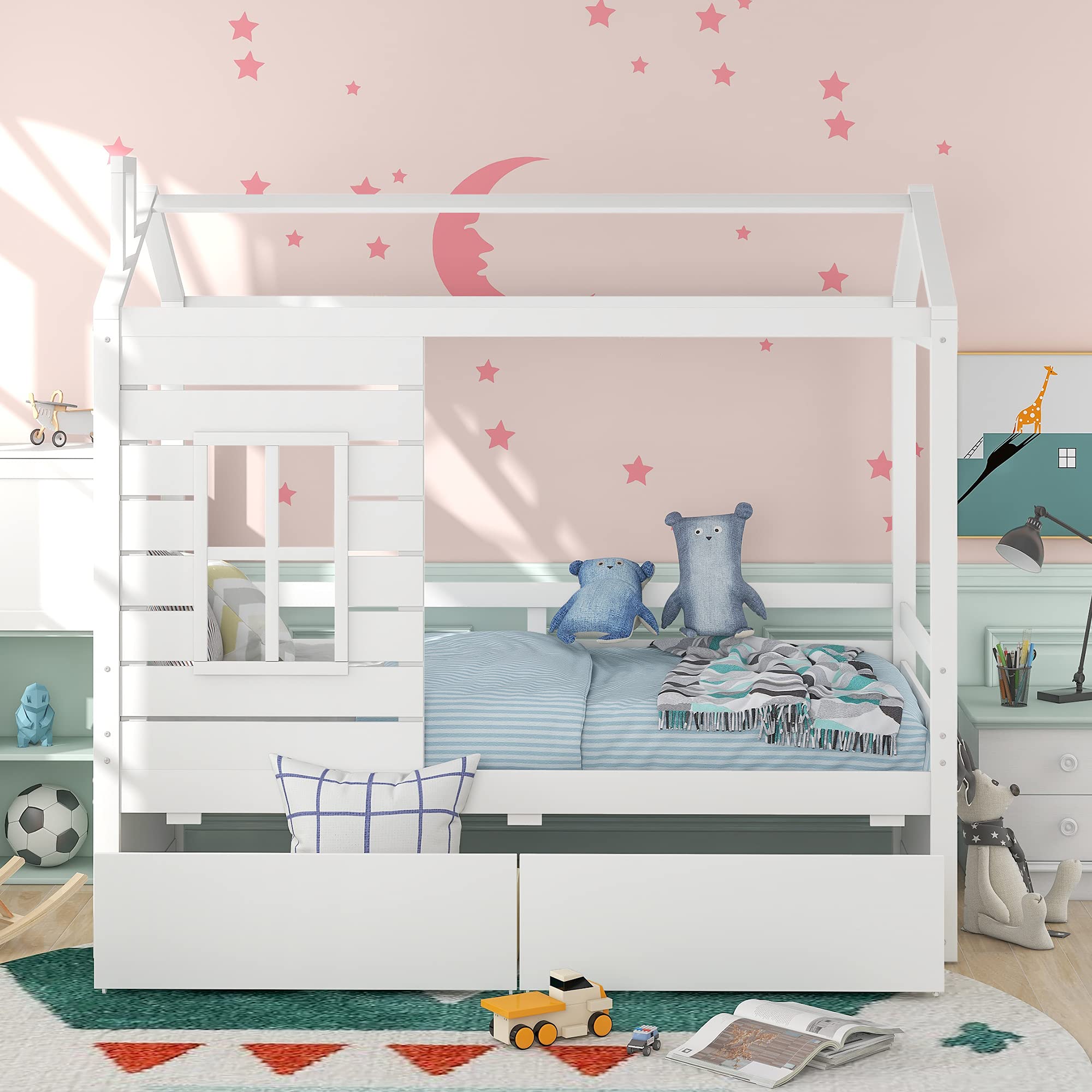 Quarte House Low Daybed for Kids - Twin Size Wood Floor Bed Frame with 2 Drawers & Window - No Box Spring Needed - White Modern Tent Bed for Bedroom | Perfect for Small Spaces, Kids' Rooms & Montessori Style Homes