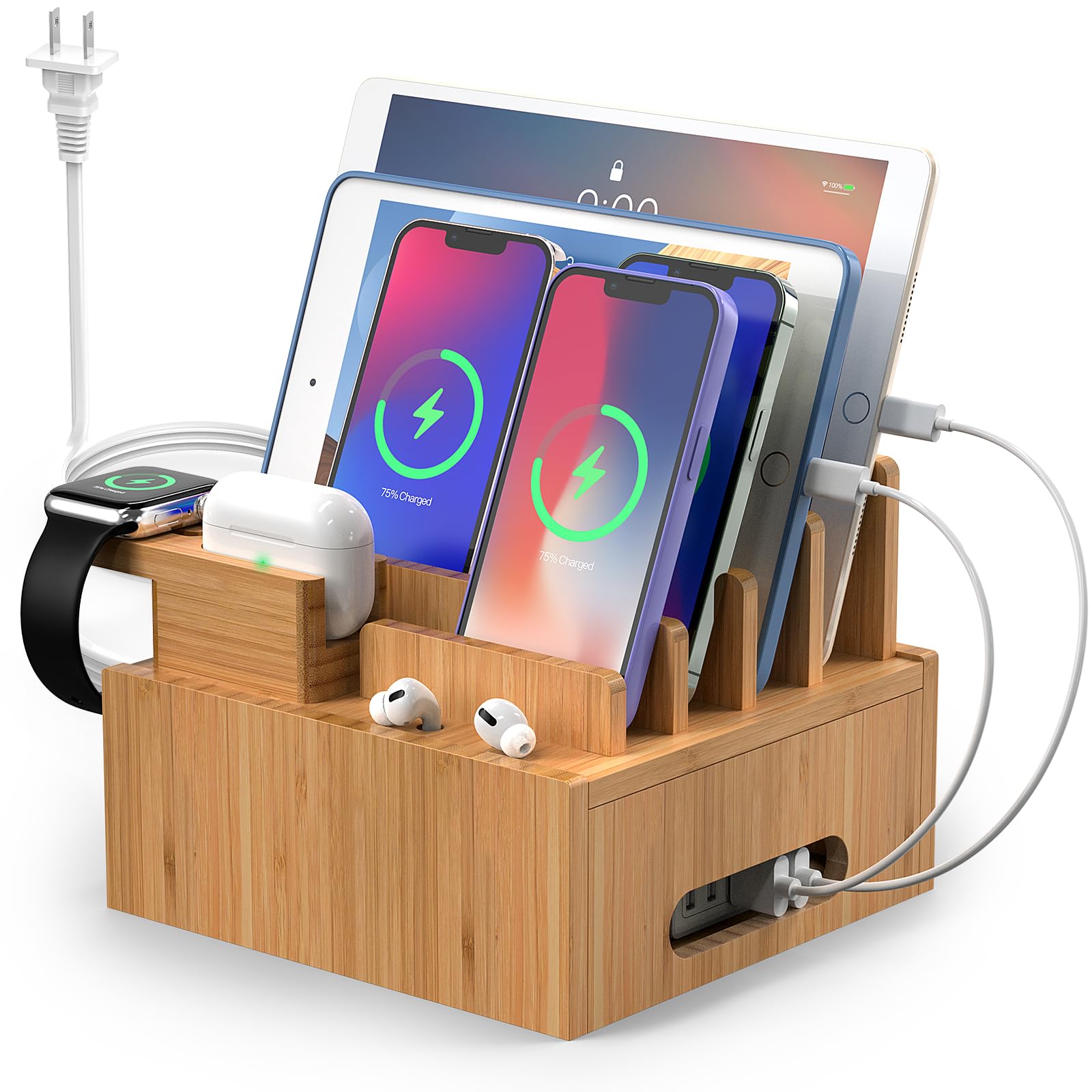 6-in-1 Bamboo Charging Station with 5-Port USB Hub & 6 Cables - Fast Charger Dock for iPhone, Android, Smartphones, Tablets, Watch & Earbuds | Perfect for Home, Office & Travel Organization