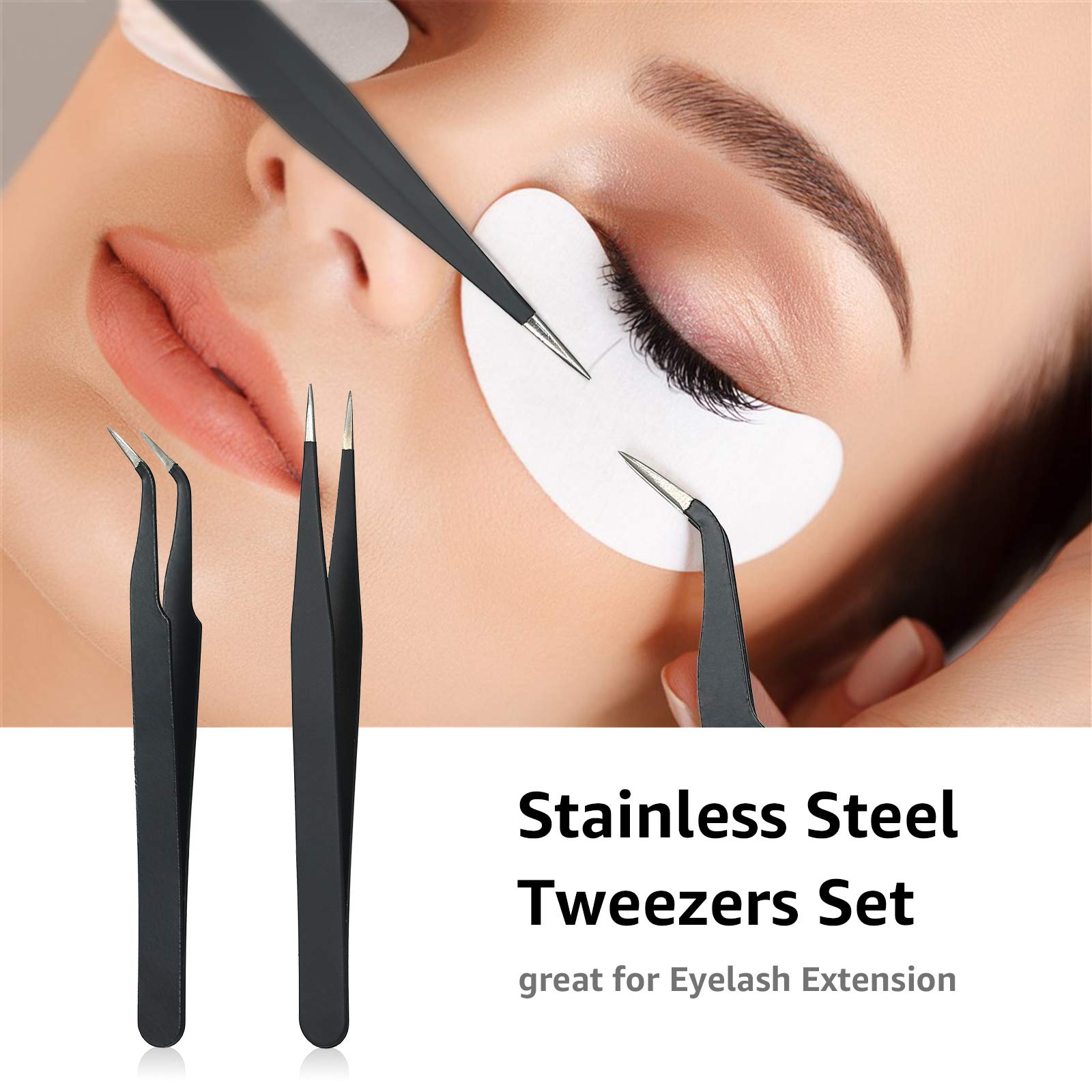 Premium Stainless Steel Eyelash Extension Tweezers Set - 2 Professional Lash Tools for Perfect Eye Makeup | Ideal for Salon, Home Use & Beauty Professionals