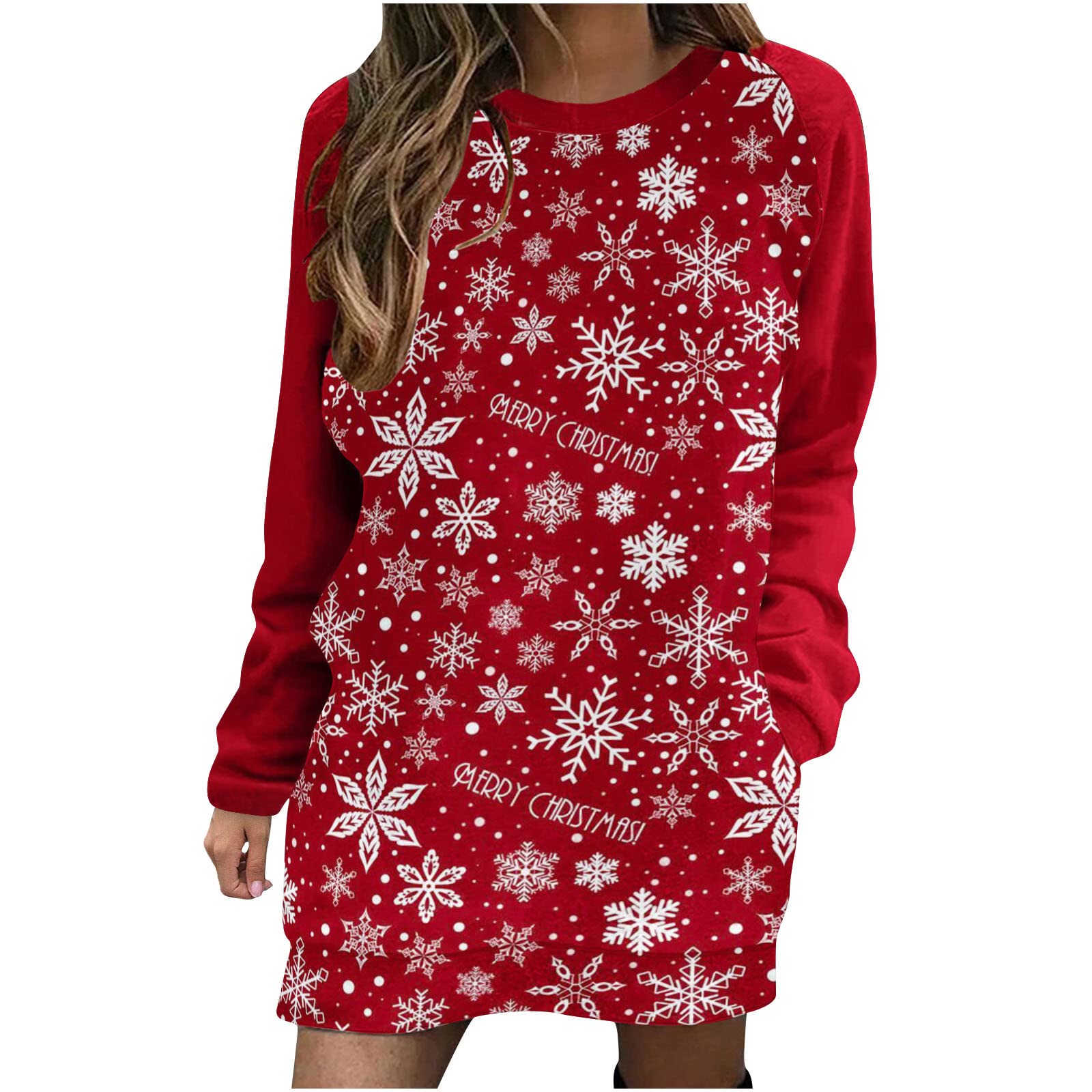 Festive Women's Christmas Dresses - Crew Neck Long Sleeve Snow Floral Print Slim Fit Pullover Mini Dress with Pockets | Holiday Party, Family Gathering, Office Celebration & Winter Casual Wear