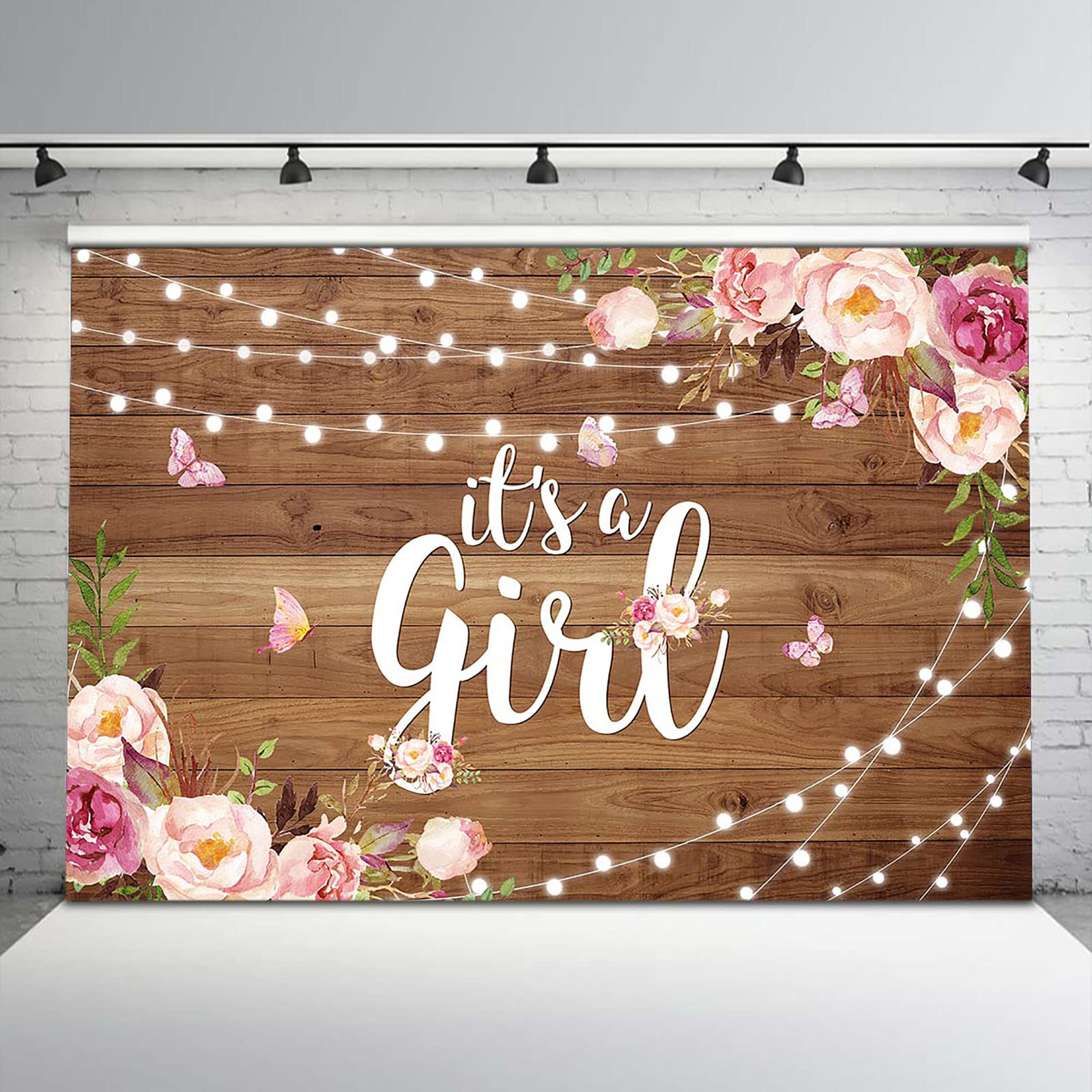 Avezano Rustic Floral Baby Shower Backdrop - 8x6ft Wooden Flower & Butterfly Design with Glitter Lights for It's a Girl Party Decor, Photo Booth Props - Perfect for Baby Showers, Gender Reveals, and Nursery Decorations