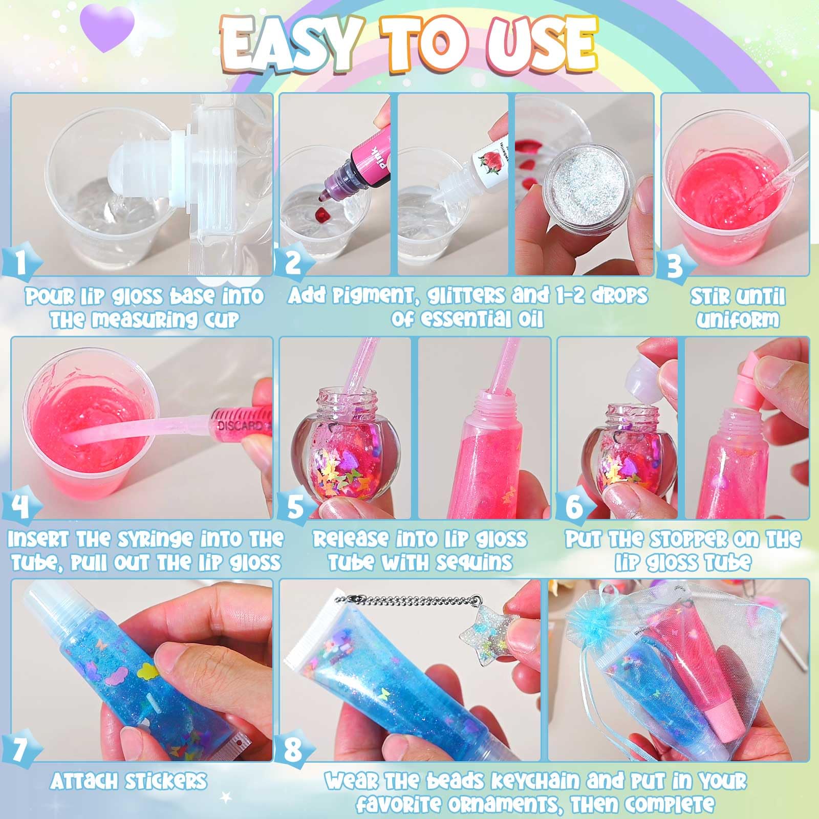 Jcoos 73PCS DIY Lip Gloss Making Kit - Shimmery Moisturizing Lip Glaze, Keychain Craft Set for Beginners, Women & Kids | Perfect for Birthday Gifts, Party Favors, and Creative Arts & Crafts Projects