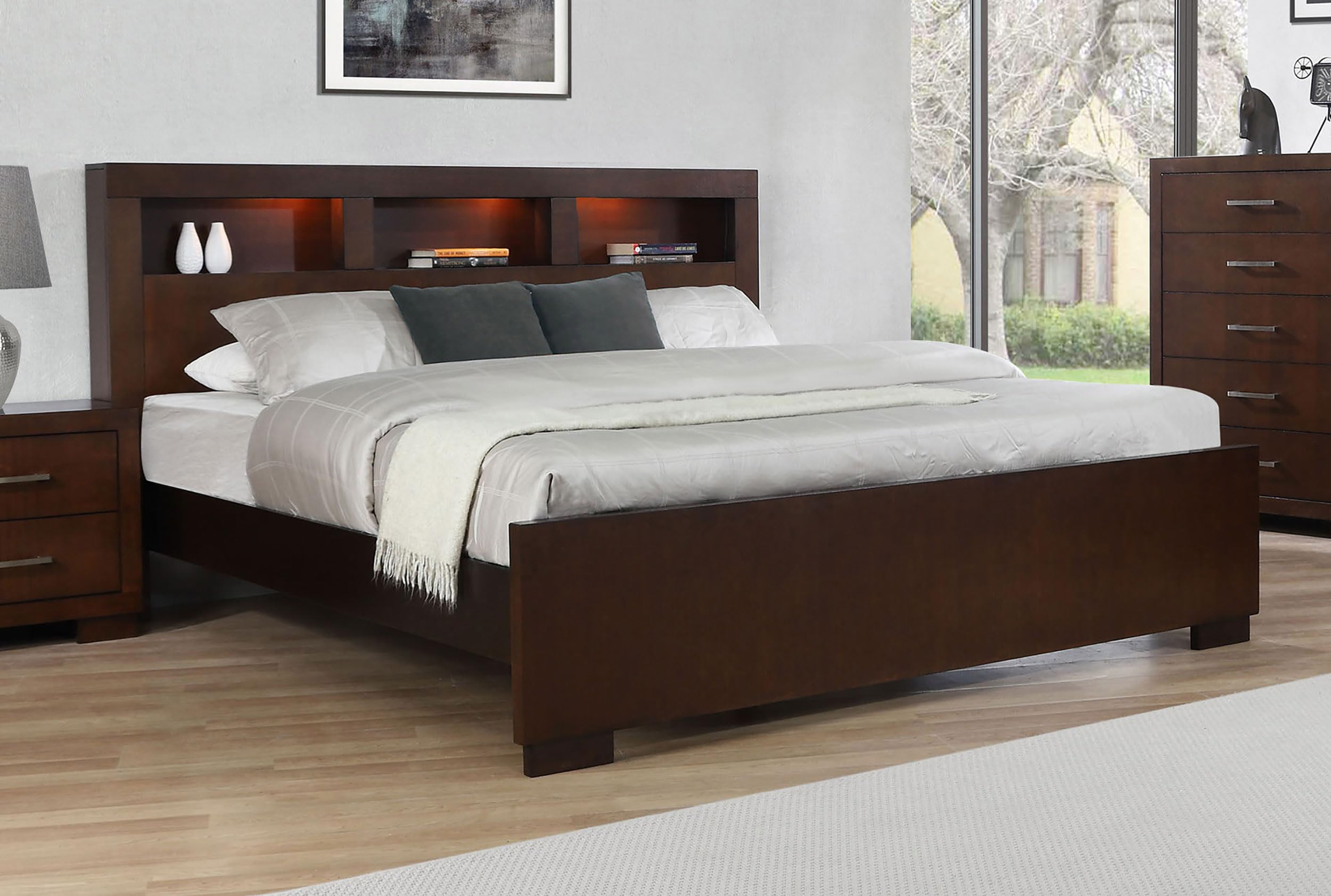 Coaster Home Furnishings Jessica Contemporary Wood Queen Size LED Storage Bookcase Bed Frame with 47-inch Headboard in Cappuccino - Modern Platform Bed with Built-in Storage for Small Spaces & Apartment Living