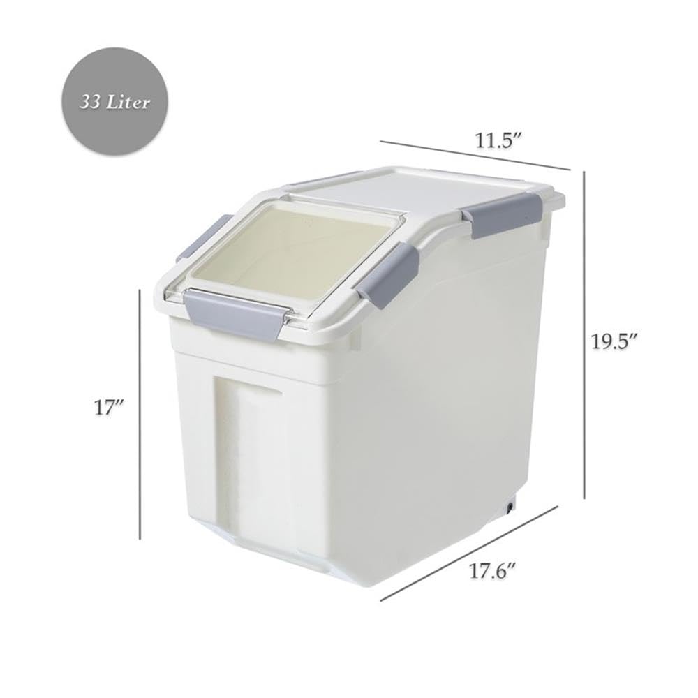 HANAMYA 32.5 Liter (35 lbs) BPA-Free Pet Food Storage Container with Measuring Cup - Airtight Dry Food Bin for Dog Food, Cat Food, Rice, Grain & Flour - Ideal for Kitchen Pantry Organization (White & Gray, 1 Count)