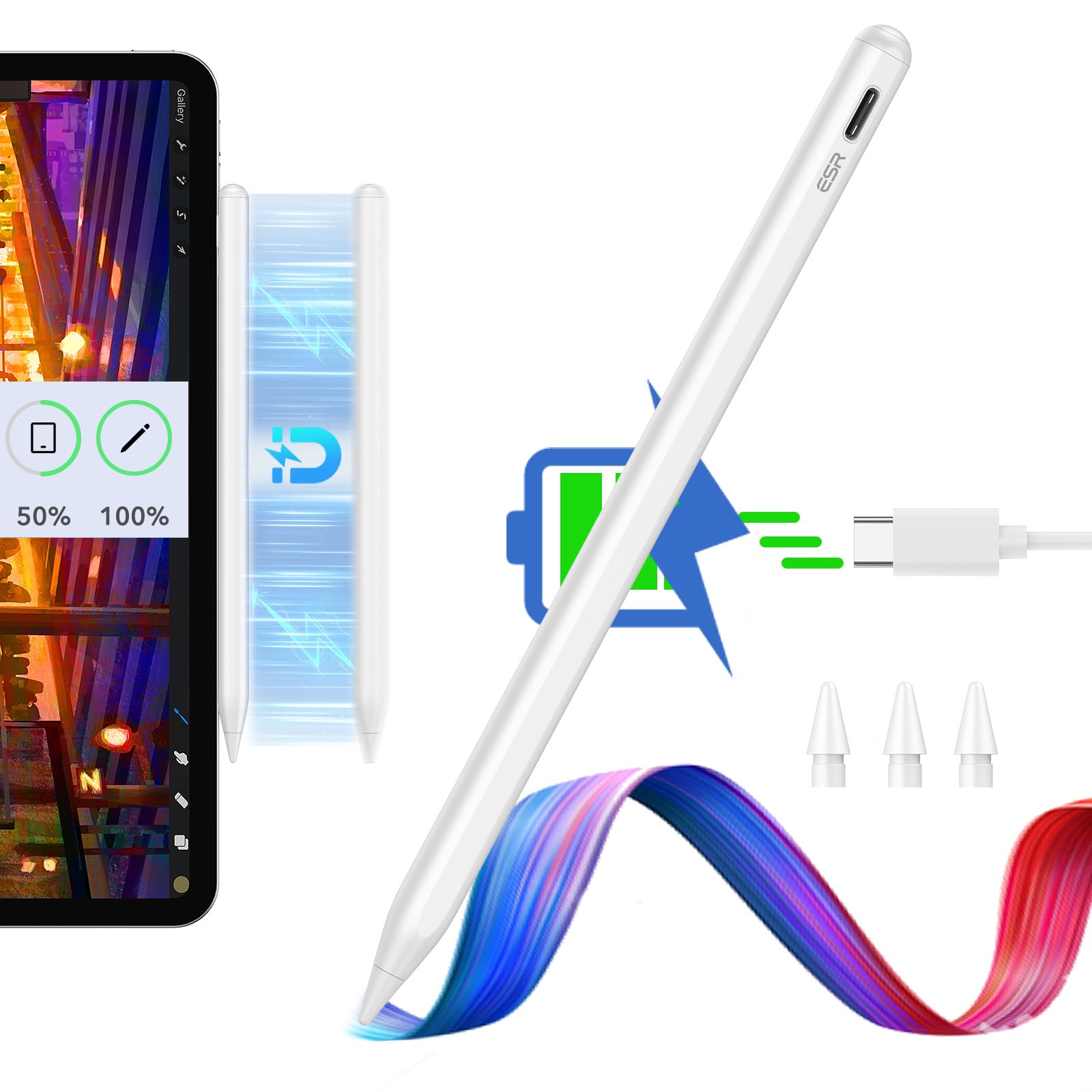 ESR 2nd Gen Magnetic Wireless Charging Stylus Pen for iPad Pro 12.9/11, iPad Air 5/4, iPad Mini 6 - Tilt Sensitivity, Palm Rejection, White - Perfect for Drawing, Note-Taking & Digital Art