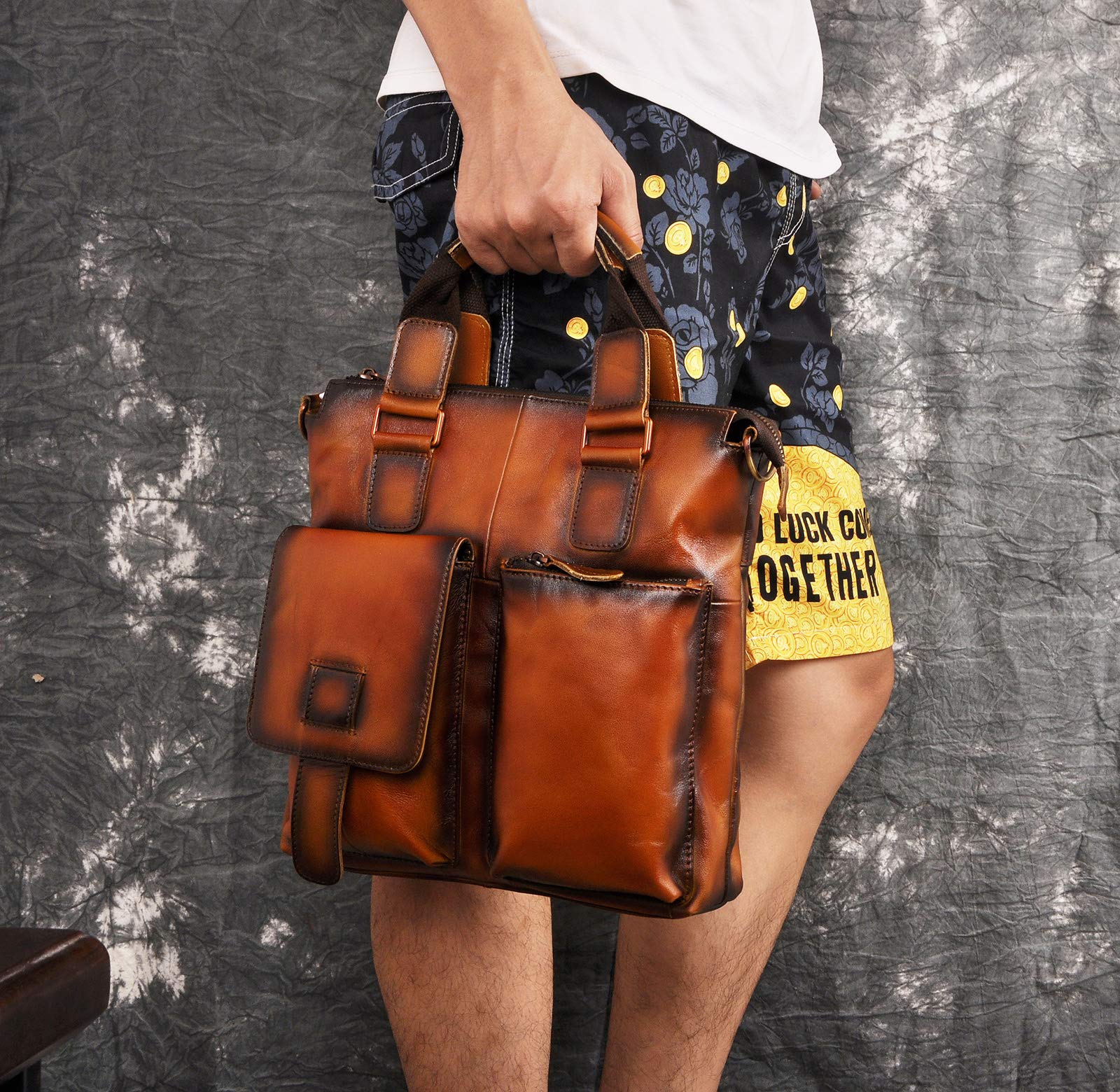Le'aokuu Men's Genuine Crazy Horse Leather Messenger Bag - Crossbody Satchel & Tote with 12