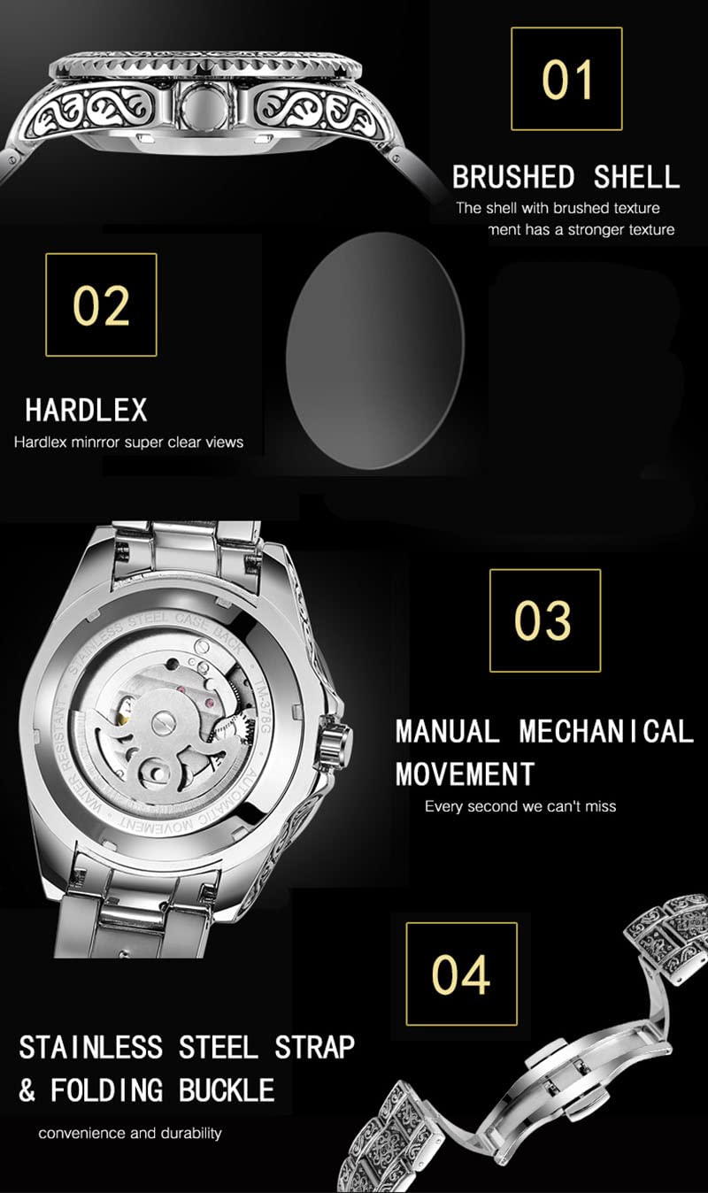 Gosasa Retro Skeleton Automatic Mechanical Watch for Men - Self-Winding Tourbillon with 24H Moon Phase & Independent Seconds - Large Dial Wristwatch for Business, Casual & Tattoo Enthusiasts
