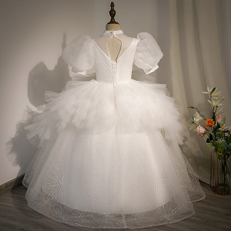 Sparkling White Tulle & Sequined A-Line Flower Girl Dress with Puff Sleeves - Perfect for Weddings, Pageants & Special Occasions