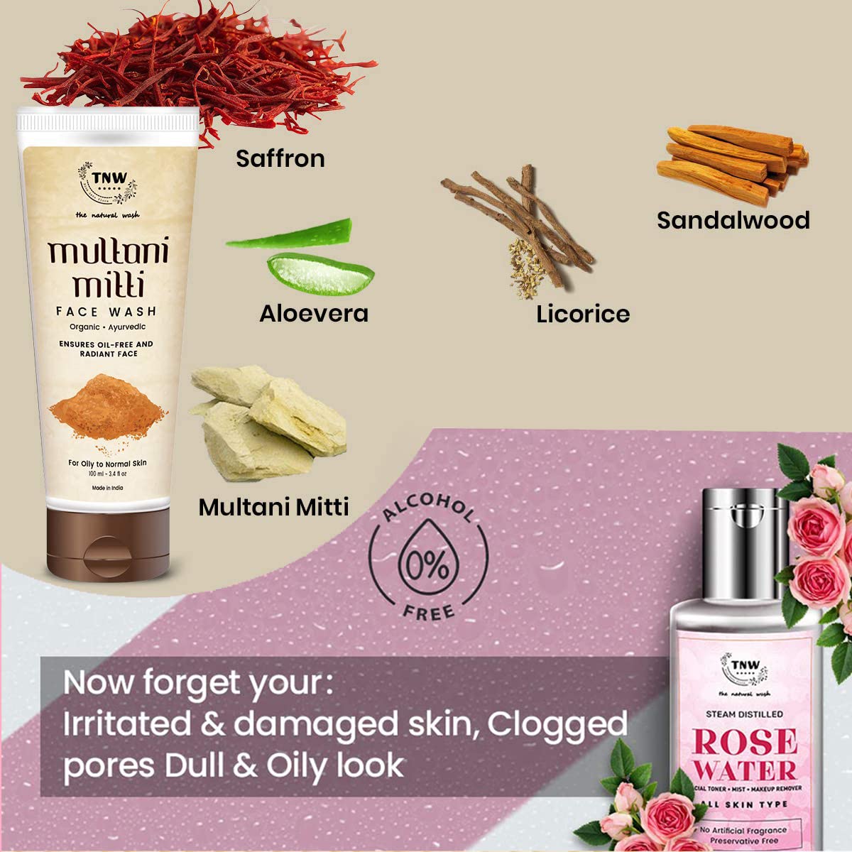 TNW-The Natural Wash Multani Mitti Clay Face Wash (100ml) & Steam Distilled Rose Water (100ml) | Gentle Cleansing & Hydrating Combo for All Skin Types | Perfect for Daily Skincare, Makeup Removal & Glowing Skin