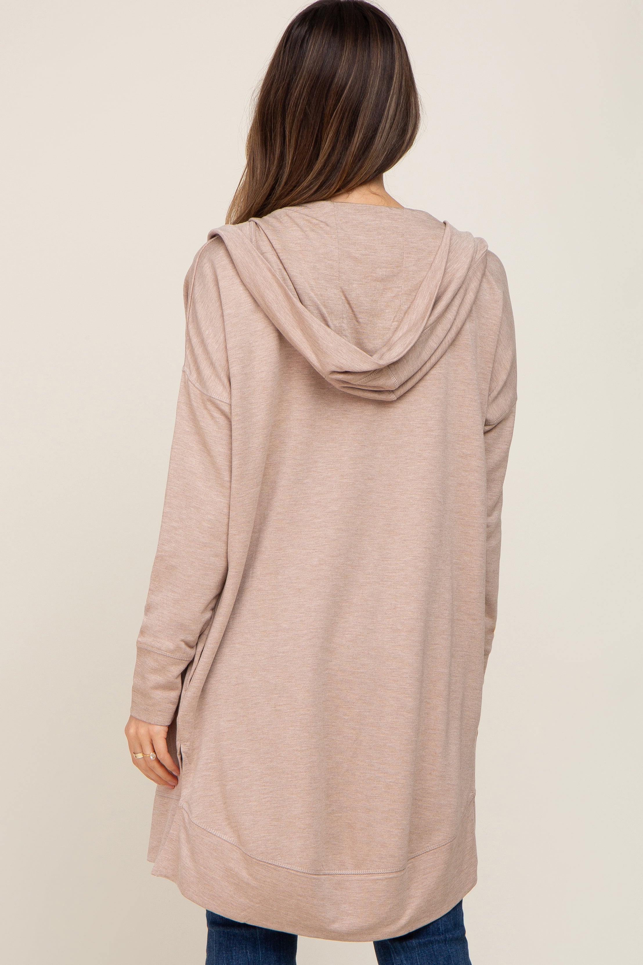 Beige Side Slit Hooded Maternity Cardigan for Women - Soft Long Sleeve Open Front Pregnancy Sweater | Perfect for Nursing, Lounging & Fall Maternity Outfits