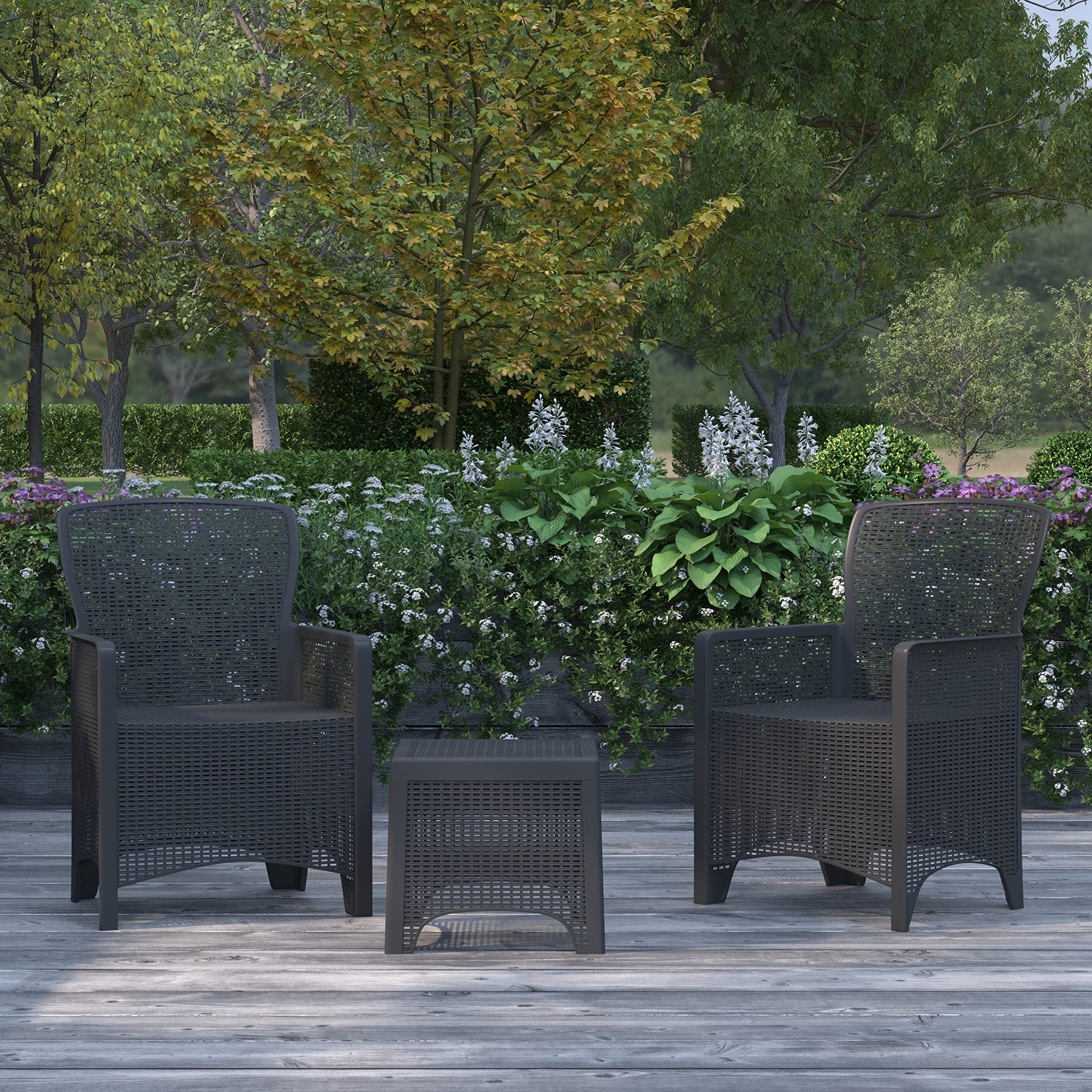 Merrick Lane Lanai 3-Piece Outdoor Furniture Set - Dark Gray Faux Rattan Lounge Chairs with Matching Side Table - Durable Resin Wicker Patio Set for Poolside, Garden or Backyard Relaxation