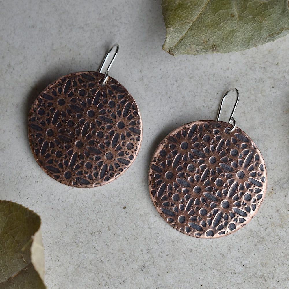 Stylish Large Copper Disc Drop Earrings with Lines & Circles Design - Perfect for Parties, Weddings & Everyday Elegance