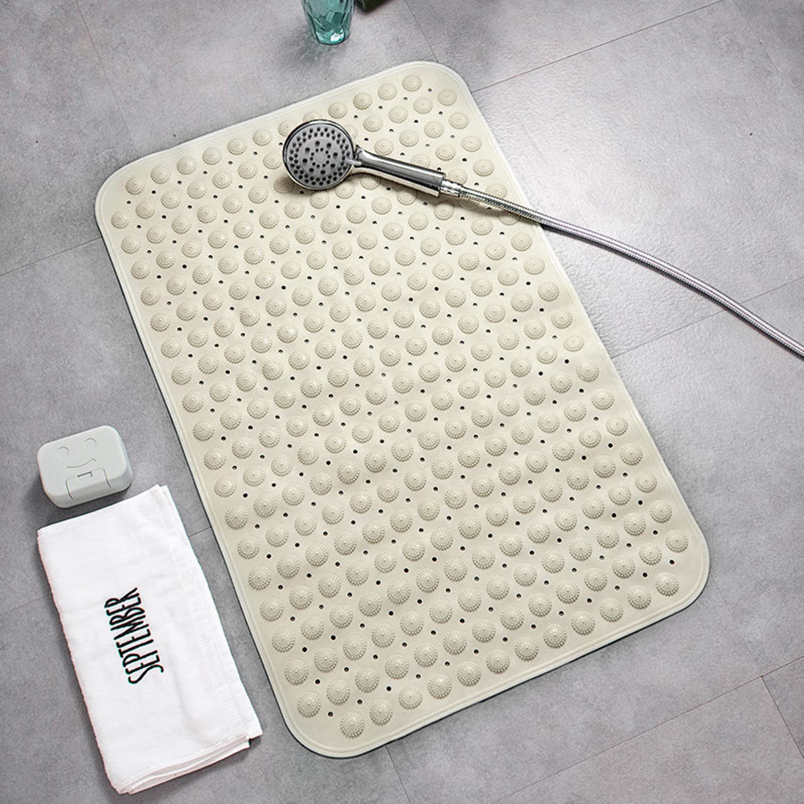 Non-Slip Bath Tub and Shower Mat with Suction Cups & Drain Holes - Anti-Skid Bathtub Mat with Pumice Stone for Foot Massage - Beige Bathroom Accessories to Keep Floor Dry and Clean - Perfect for Bath, Shower, Spa and Relaxation at Home