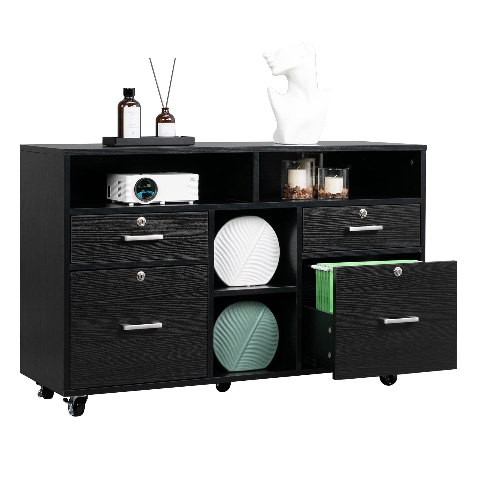 VINGLI 4-Drawer Wooden Mobile File Cabinet with Shelves - Locking Lateral Office Organizer, Printer Stand with Open Storage for Home & Office - Black | Perfect for Document Storage, Workspace Organization & Home Office Furniture