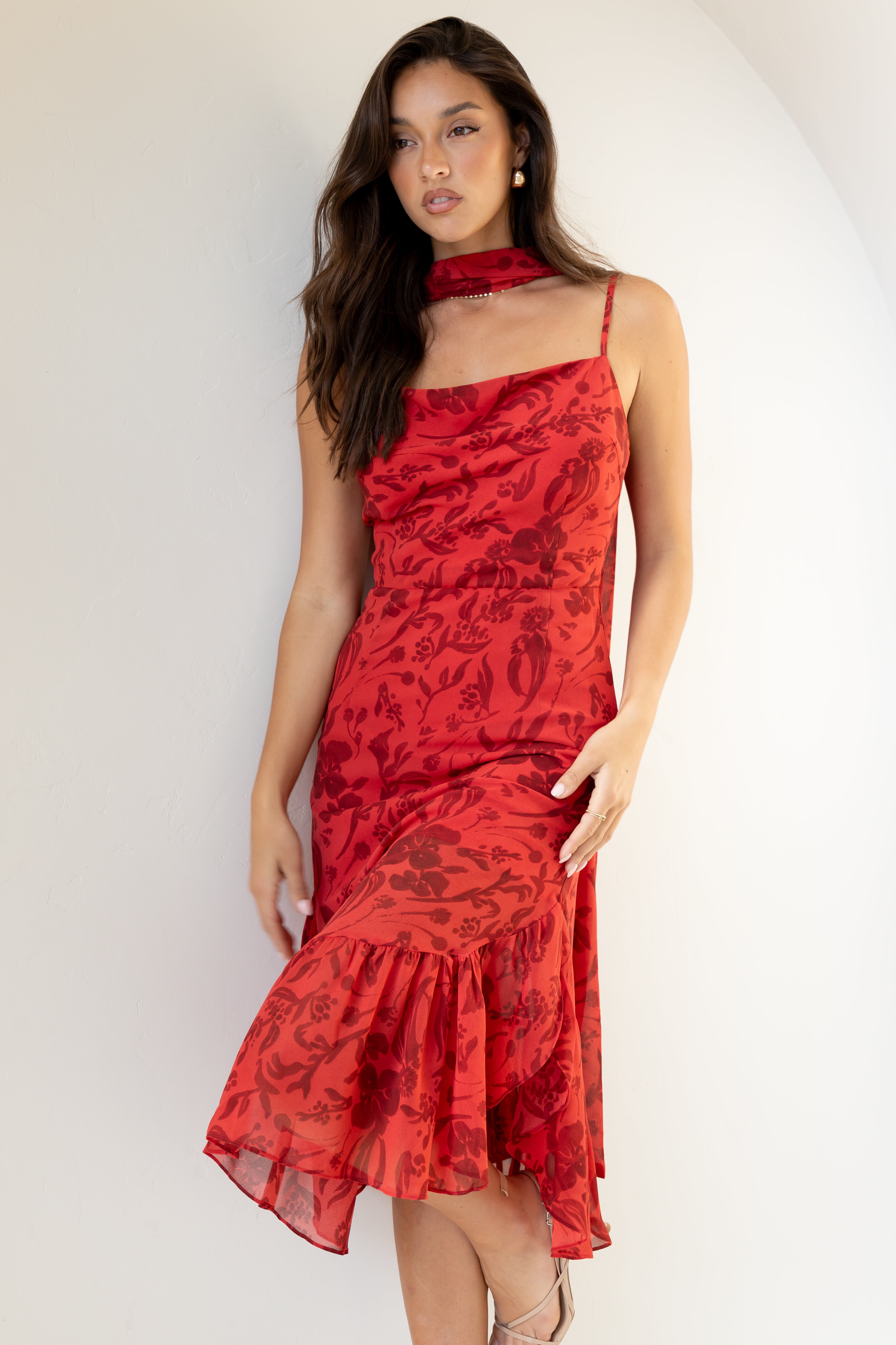 Francesca Women's Midi Dress - Red Floral Print Summer Casual Dress for Beach, Party & Date Night | Elegant A-Line Flowy Dress with Short Sleeves