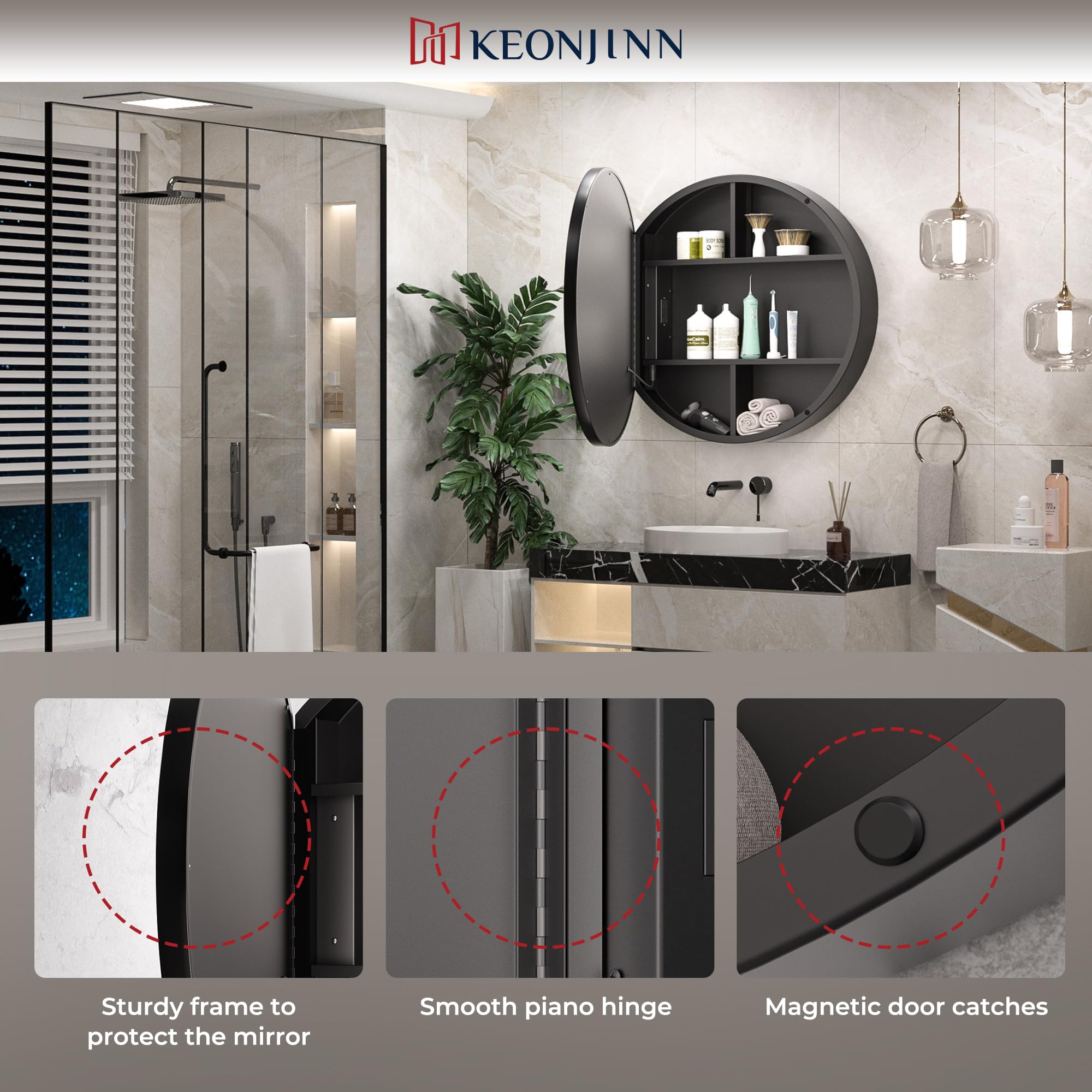 Keonjinn 24 Inch Round LED Medicine Cabinet with Mirror - Black Bathroom Lighted Cabinet, Circle Design, Electrical Outlet, 3 Color Lights, Anti-Fog, Dimmable, Surface Mount - Perfect for Modern Bathrooms & Vanity Areas